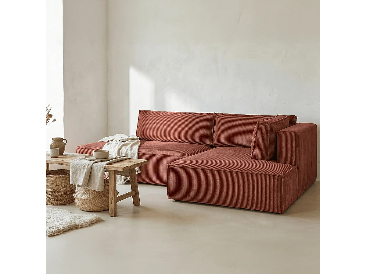 Canapé d'angle à droite convertible 3 places avec coffre en velours côtelé rouille - Barani