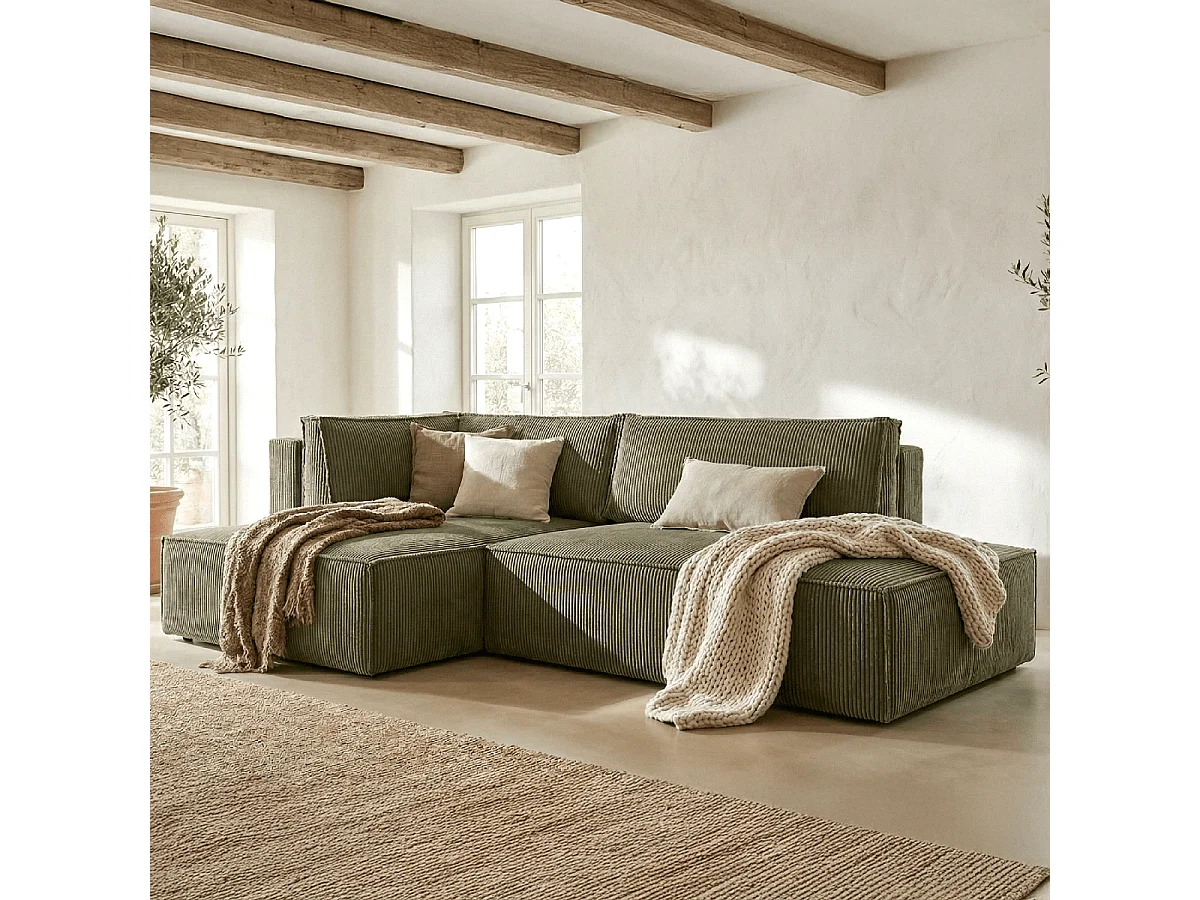 Canapé d'angle à gauche convertible 3 places avec coffre en velours côtelé vert kaki - Barani