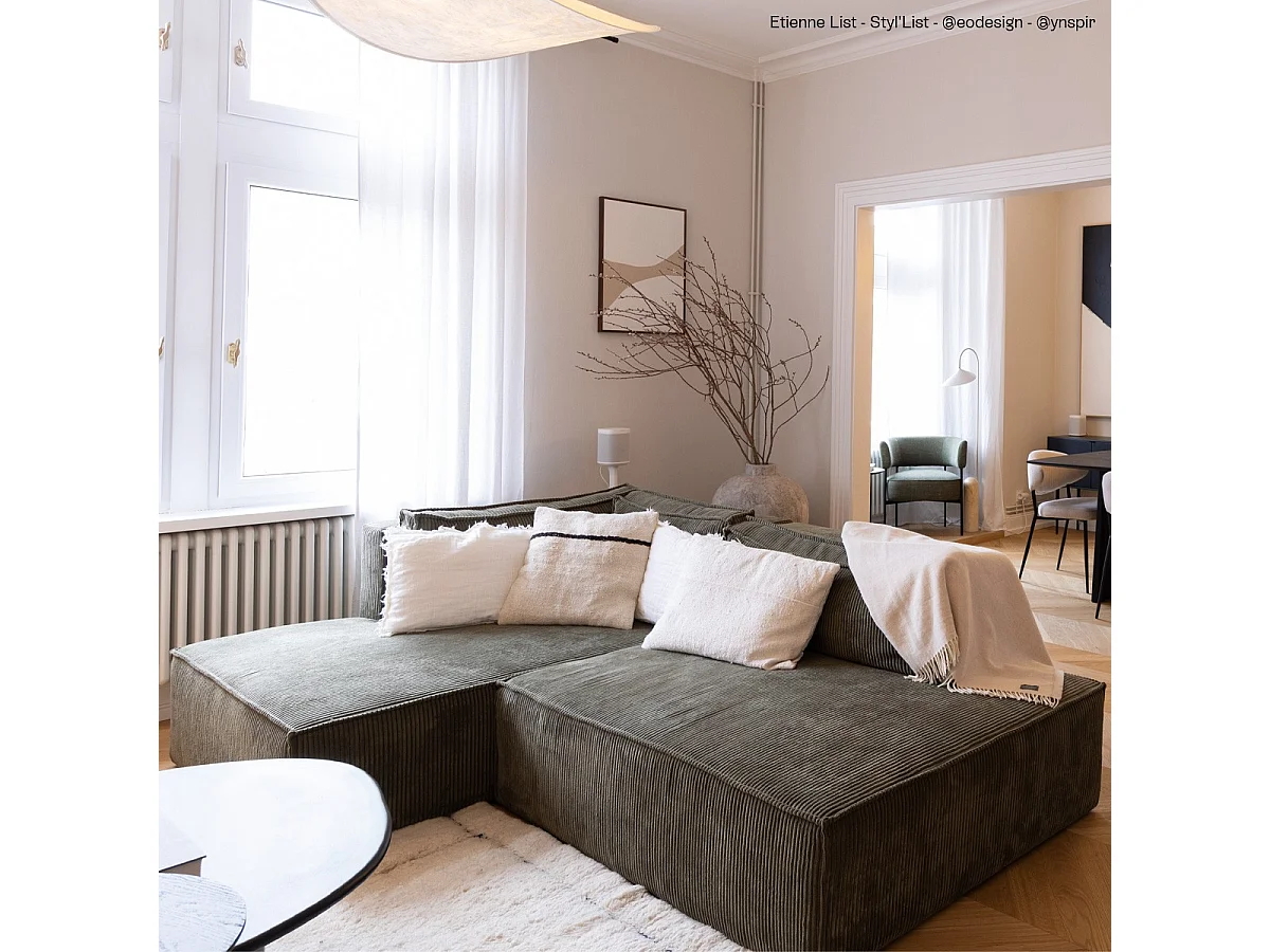 Canapé d'angle à gauche convertible 3 places avec coffre en velours côtelé vert kaki - Barani