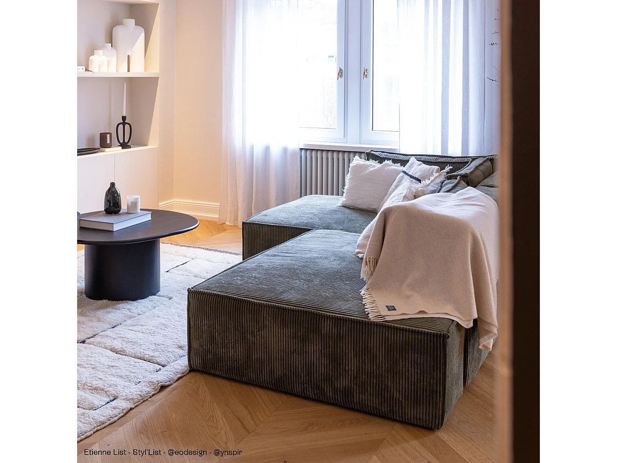 Canapé d'angle à gauche convertible 3 places avec coffre en velours côtelé vert kaki - Barani