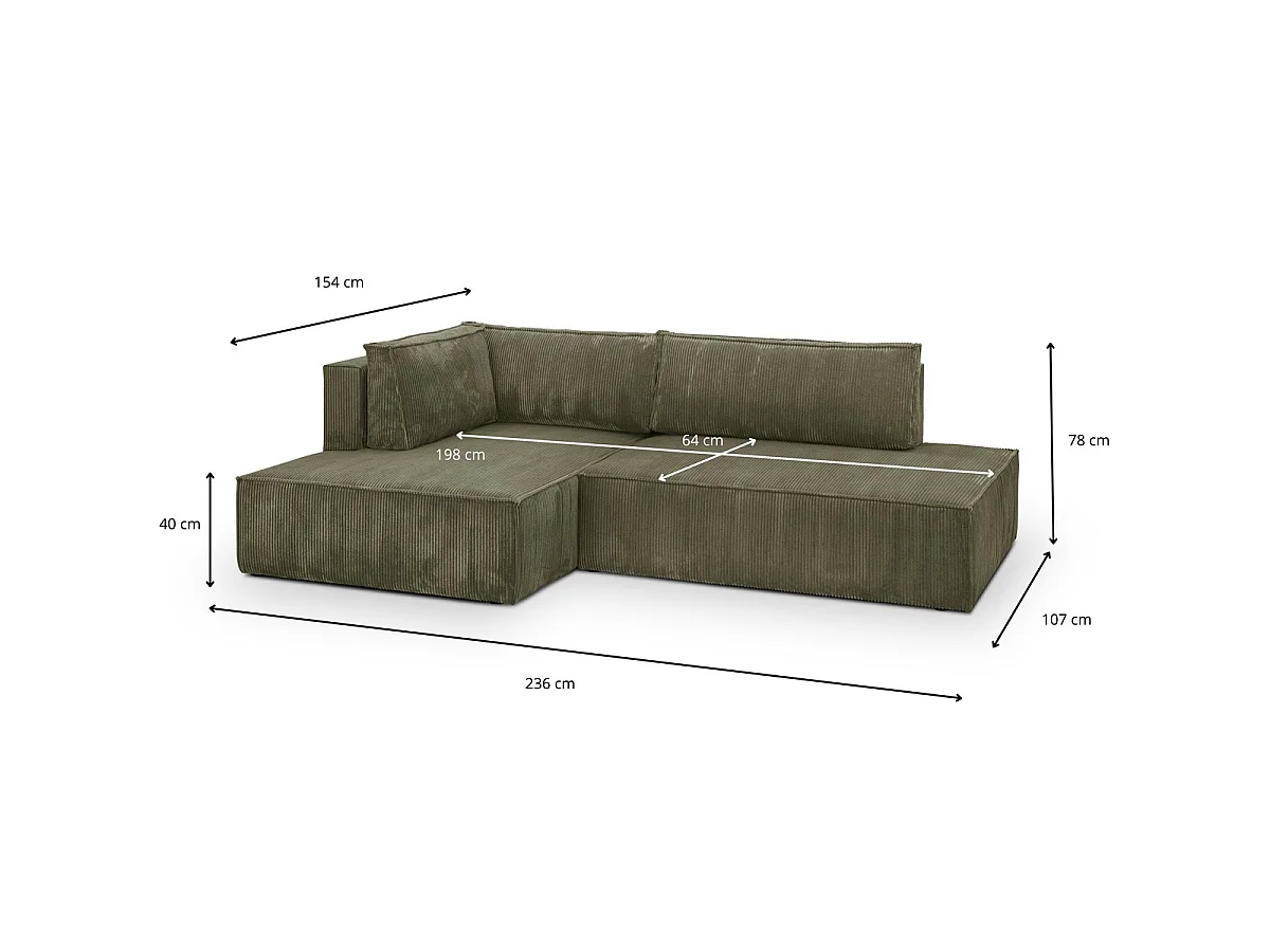 Canapé d'angle convertible 3 places avec coffre en velours kaki