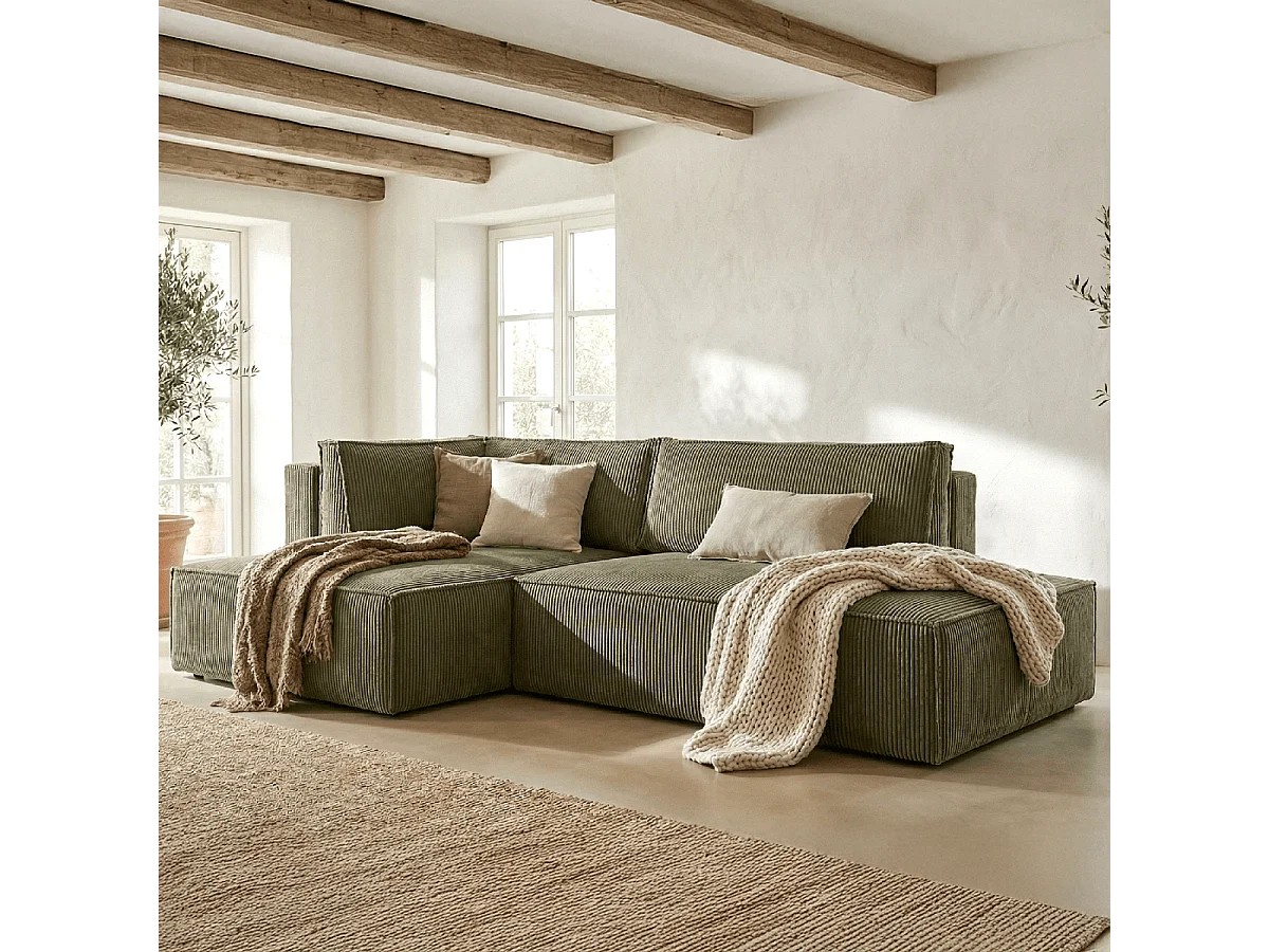 Canapé d'angle à gauche convertible 3 places avec coffre en velours côtelé vert kaki - Barani