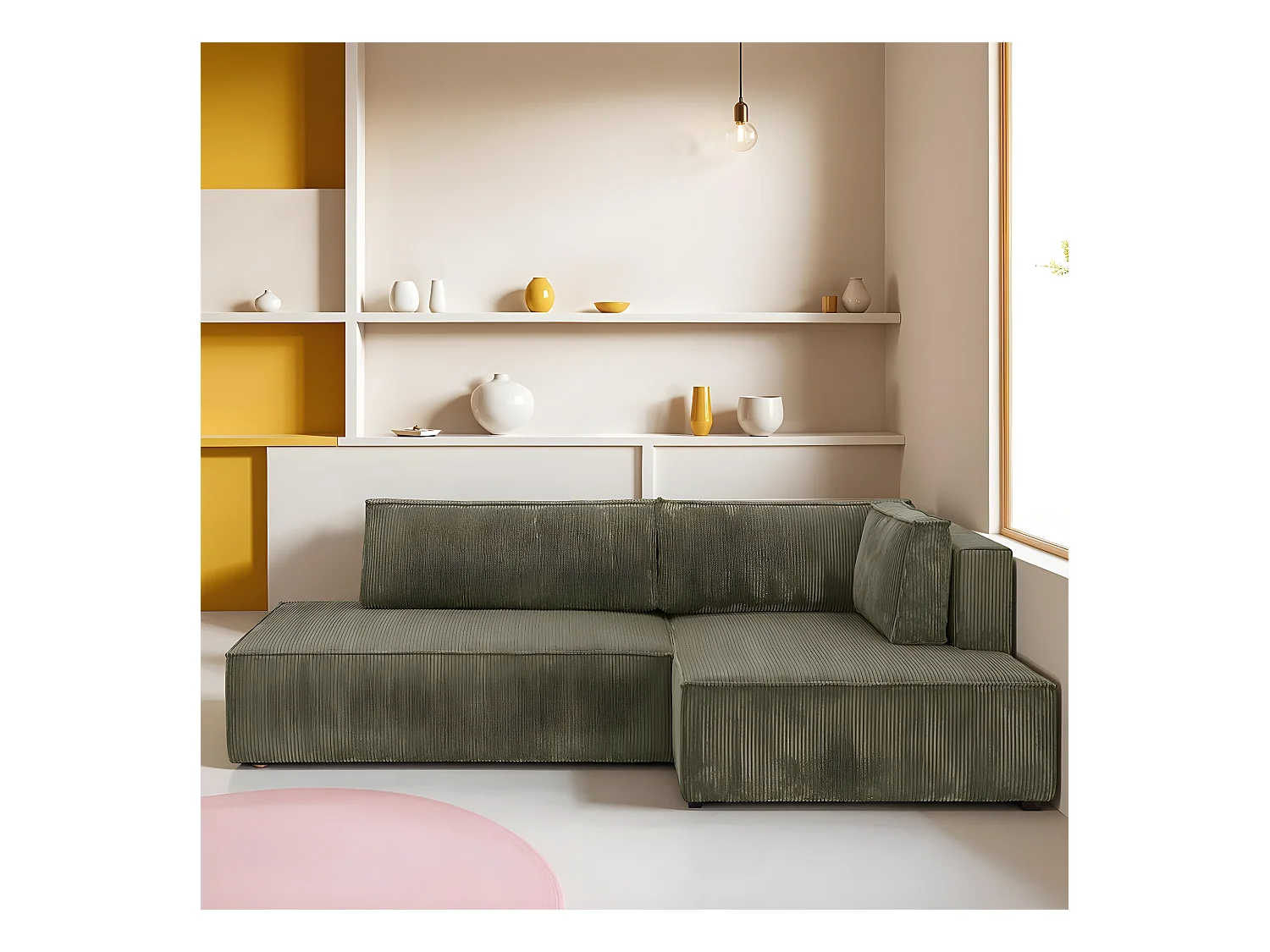 Canapé d'angle à droite convertible 3 places avec coffre en velours côtelé vert kaki - Barani