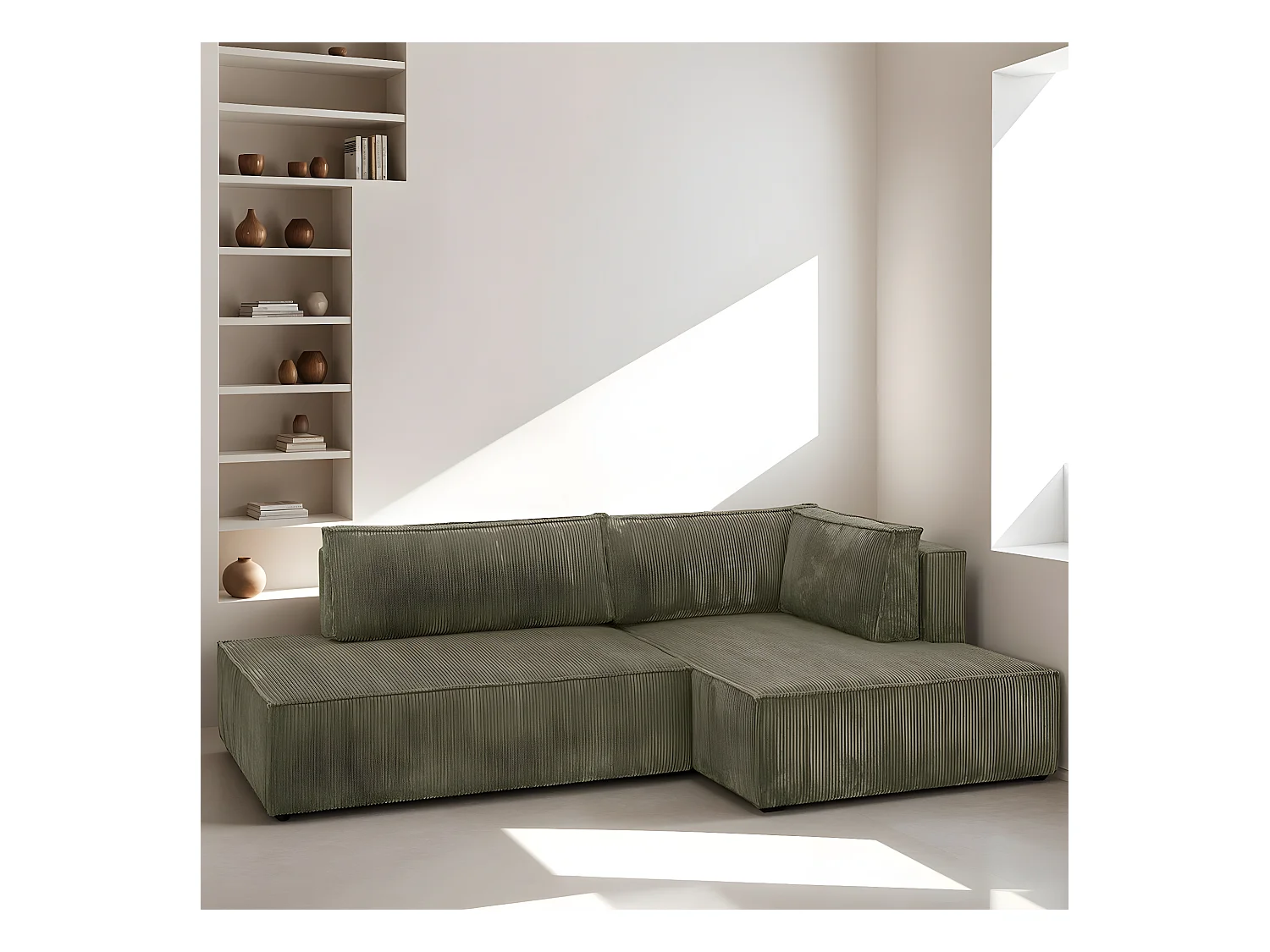 Canapé d'angle à droite convertible 3 places avec coffre en velours côtelé vert kaki - Barani