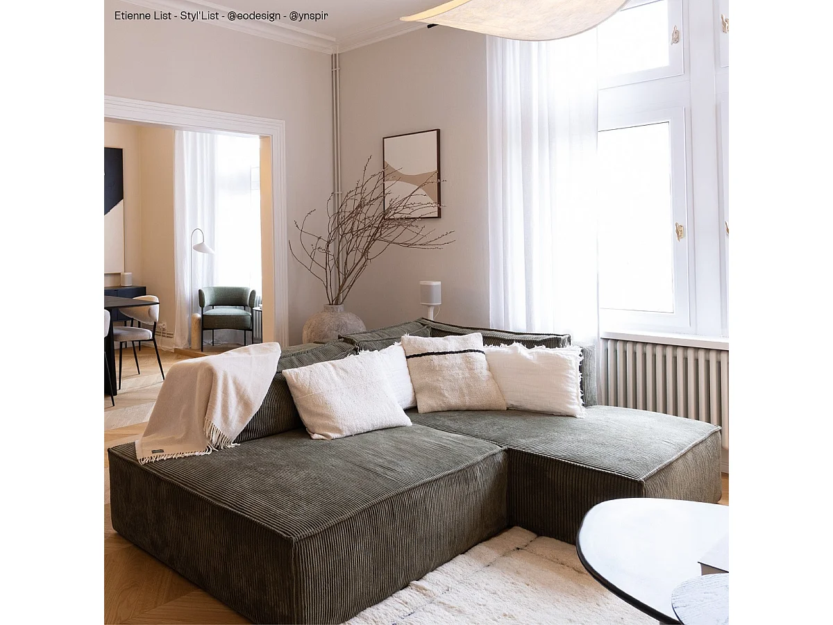 Canapé d'angle à droite convertible 3 places avec coffre en velours côtelé vert kaki - Barani