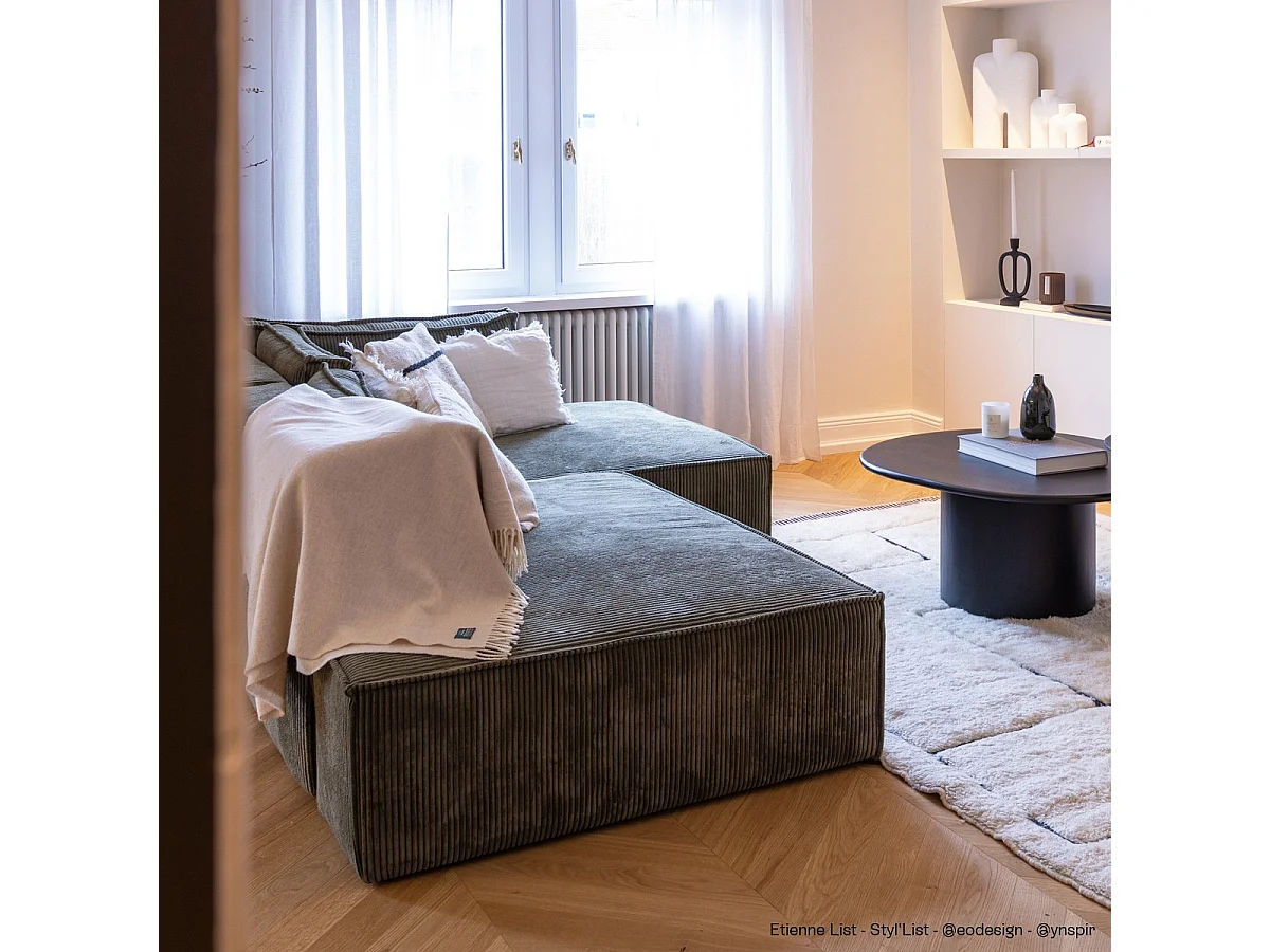 Canapé d'angle à droite convertible 3 places avec coffre en velours côtelé vert kaki - Barani