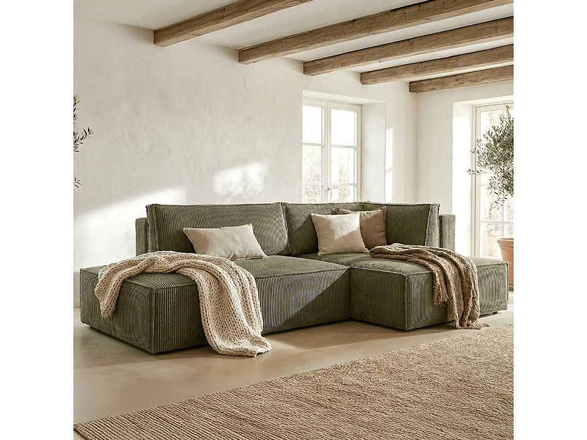 Canapé d'angle à droite convertible 3 places avec coffre en velours côtelé vert kaki - Barani