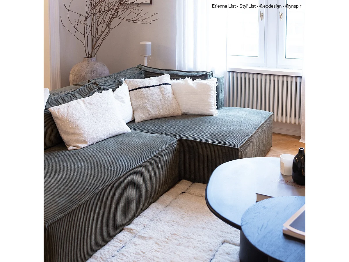 Canapé d'angle à droite convertible 3 places avec coffre en velours côtelé vert kaki - Barani