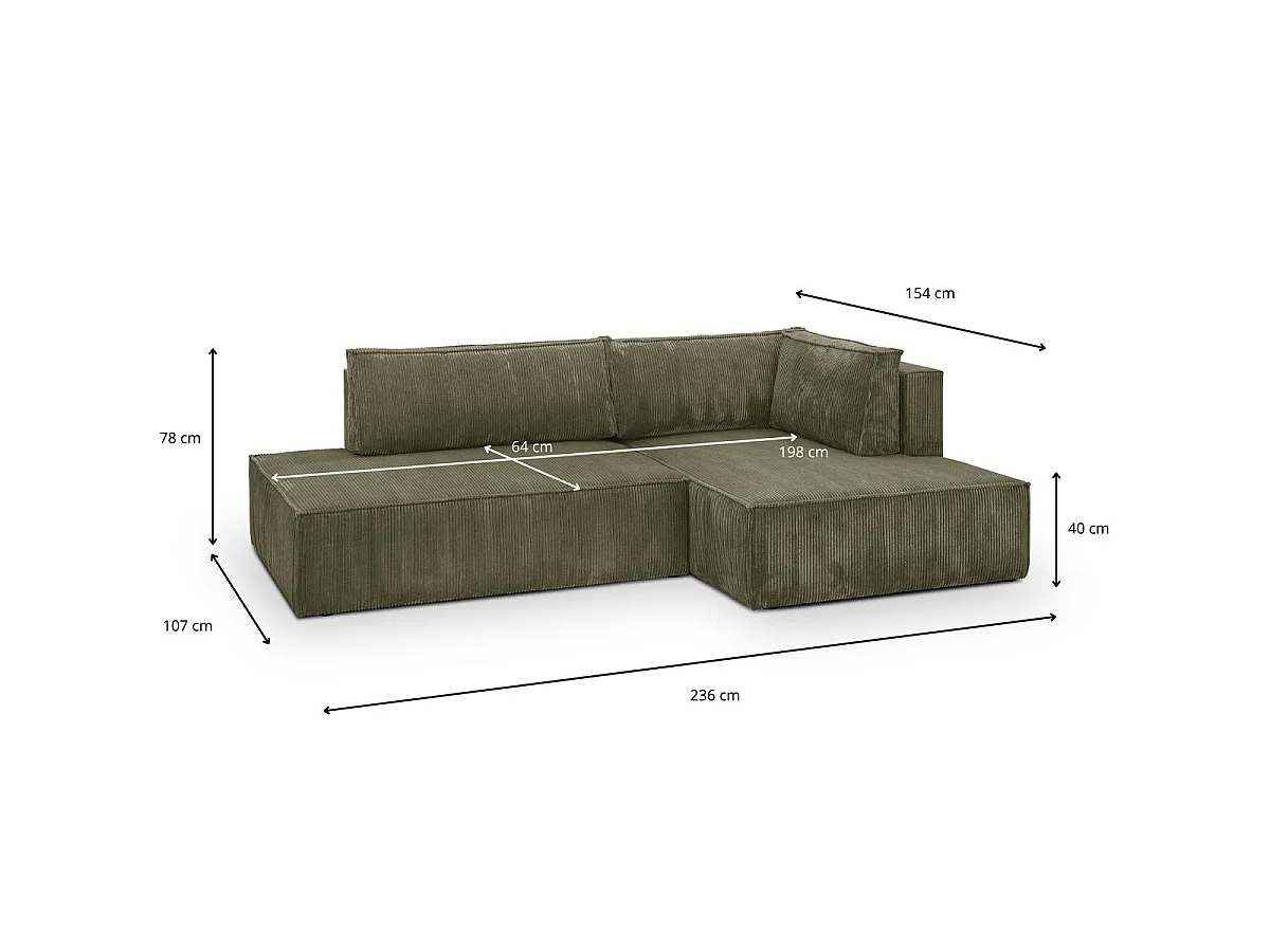Canapé d'angle droit convertible 3 places avec coffre en velours kaki