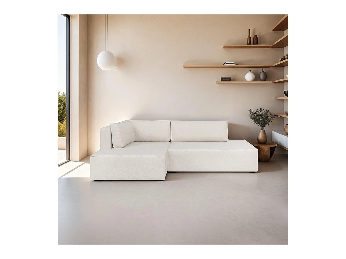 Canapé d'angle à gauche convertible 3 places avec coffre en tissu beige - Barani
