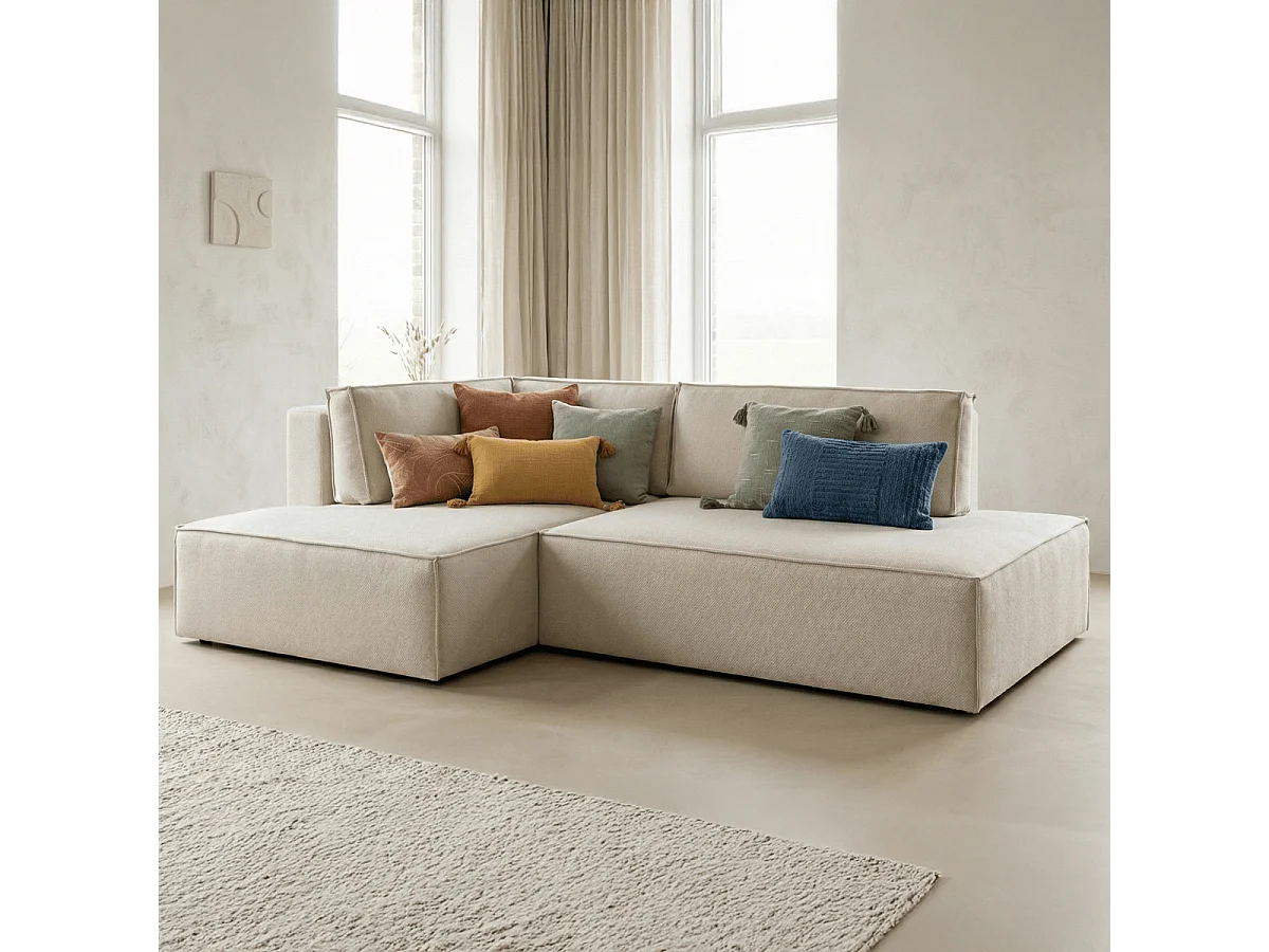 Canapé d'angle à gauche convertible 3 places avec coffre en tissu beige - Barani