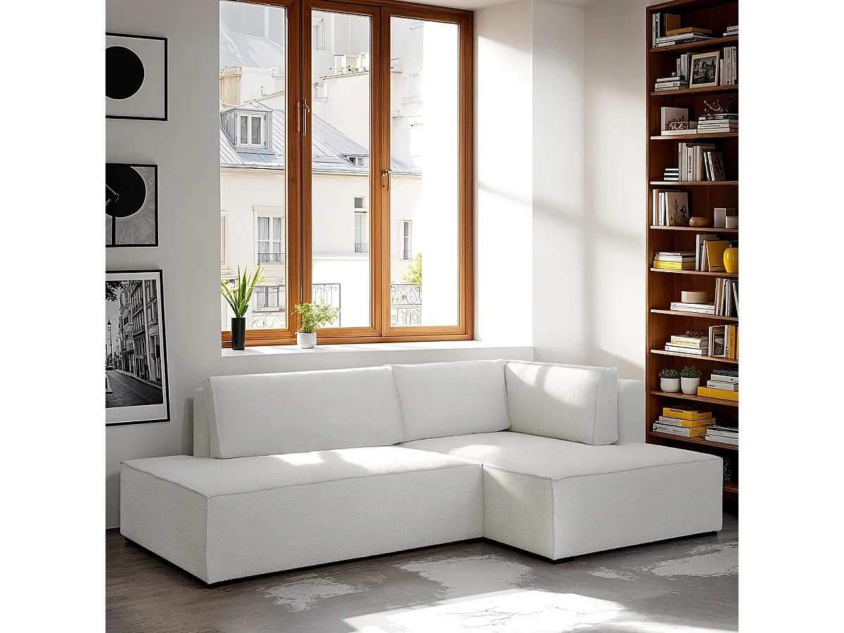 Canapé d'angle à droite convertible 3 places avec coffre en tissu bouclé écru - Barani