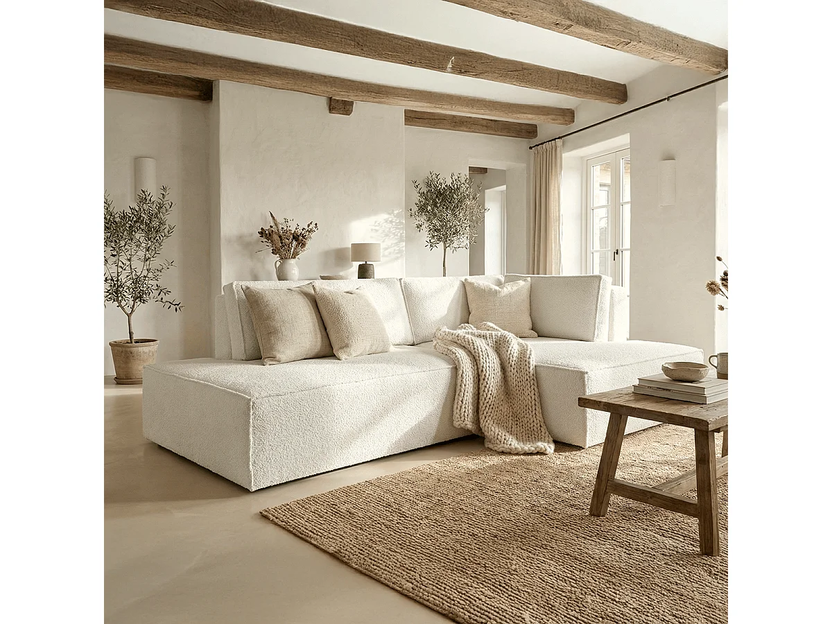 Canapé d'angle à droite convertible 3 places avec coffre en tissu bouclé écru - Barani
