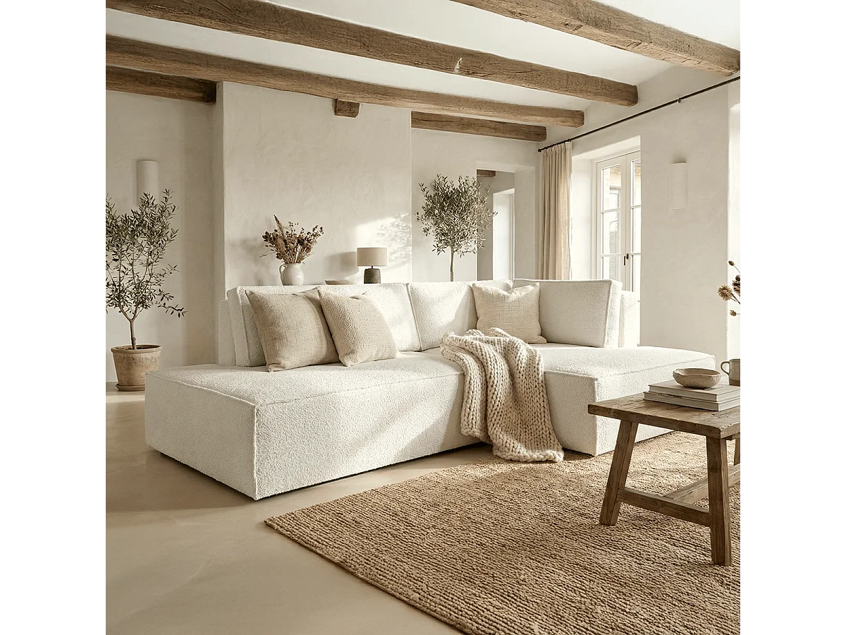 Canapé d'angle à droite convertible 3 places avec coffre en tissu bouclé écru - Barani