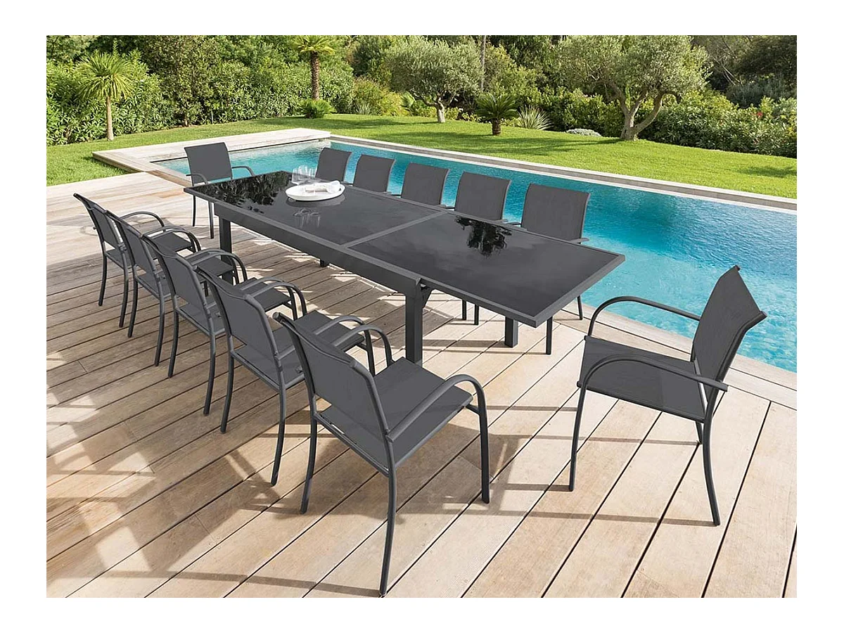 Table extensible rectangulaire en verre Piazza 6/10 places Gris anthracite - Hespéride
