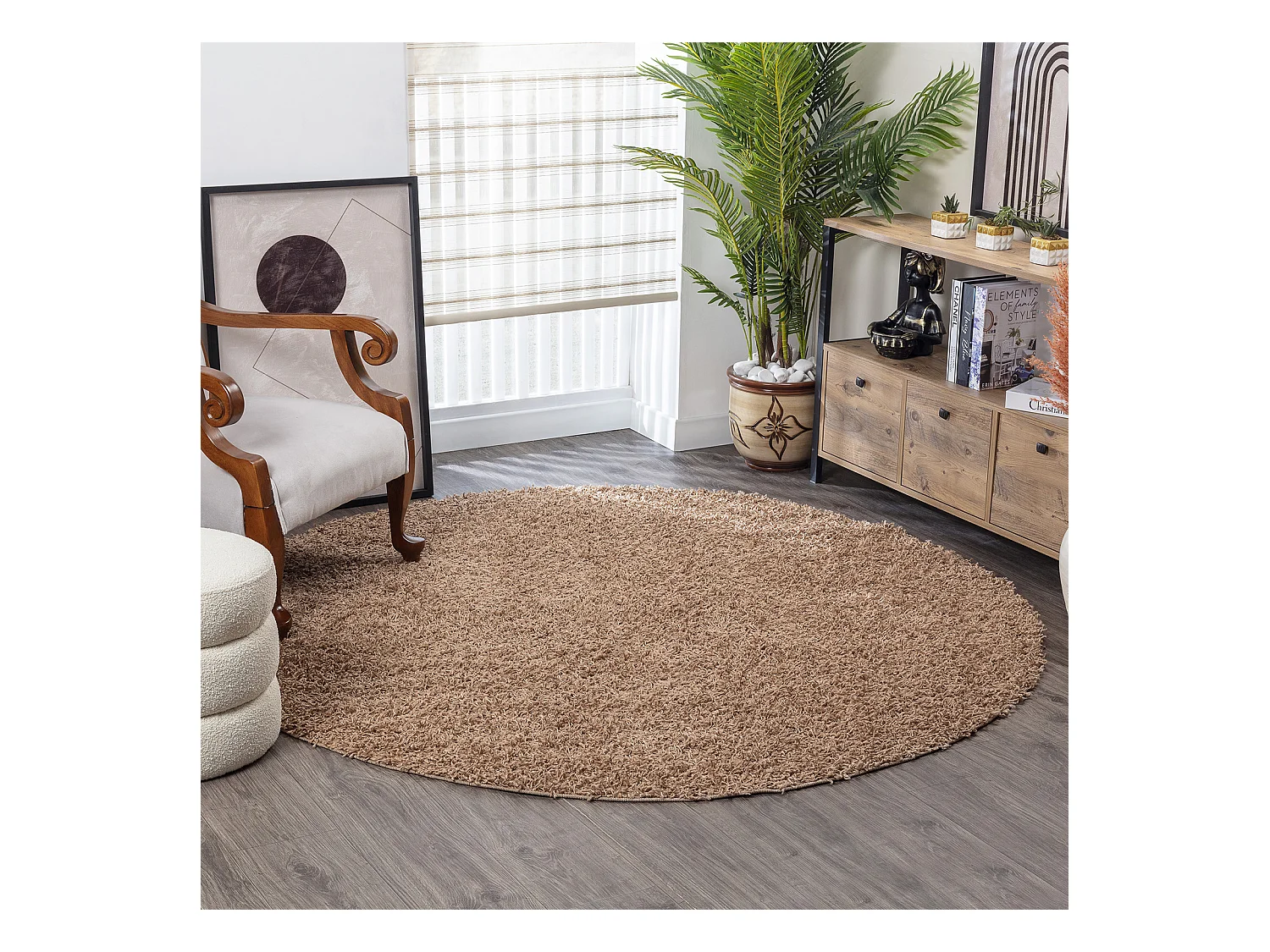 Tapis Rond Shaggy Uni - Beige Foncé - Ø 160cm - LILLY