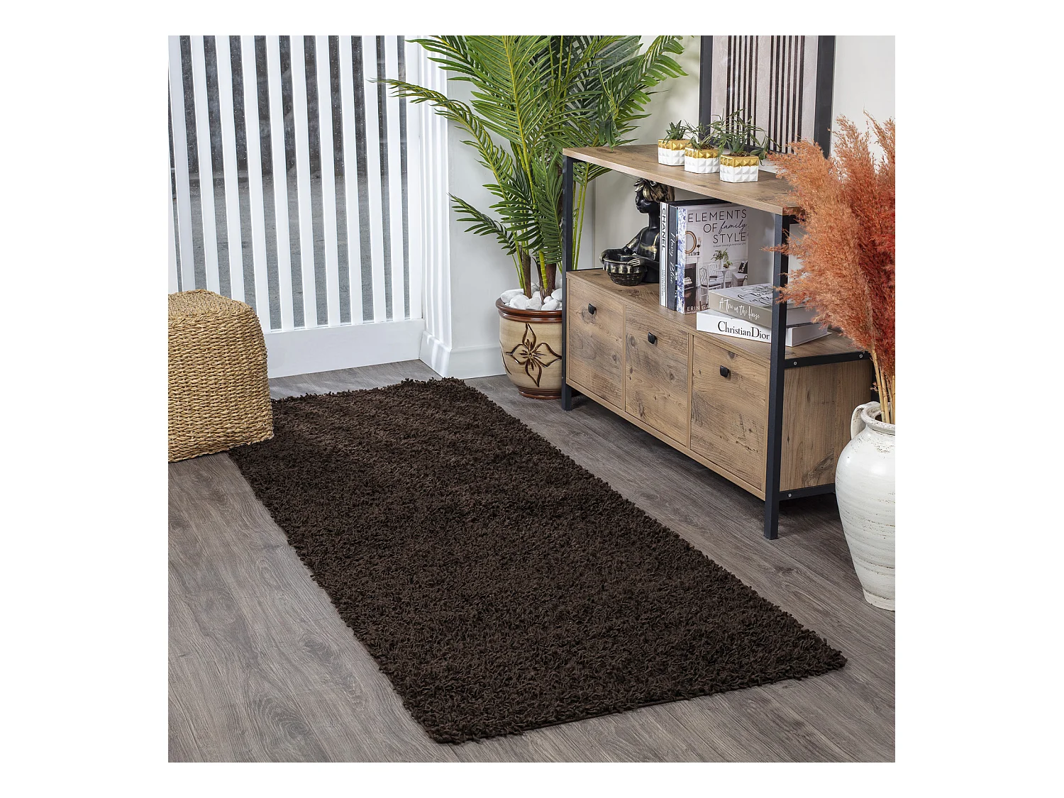 Tapis de Couloir Shaggy Uni - Marron Foncé - 80x220cm - LILLY