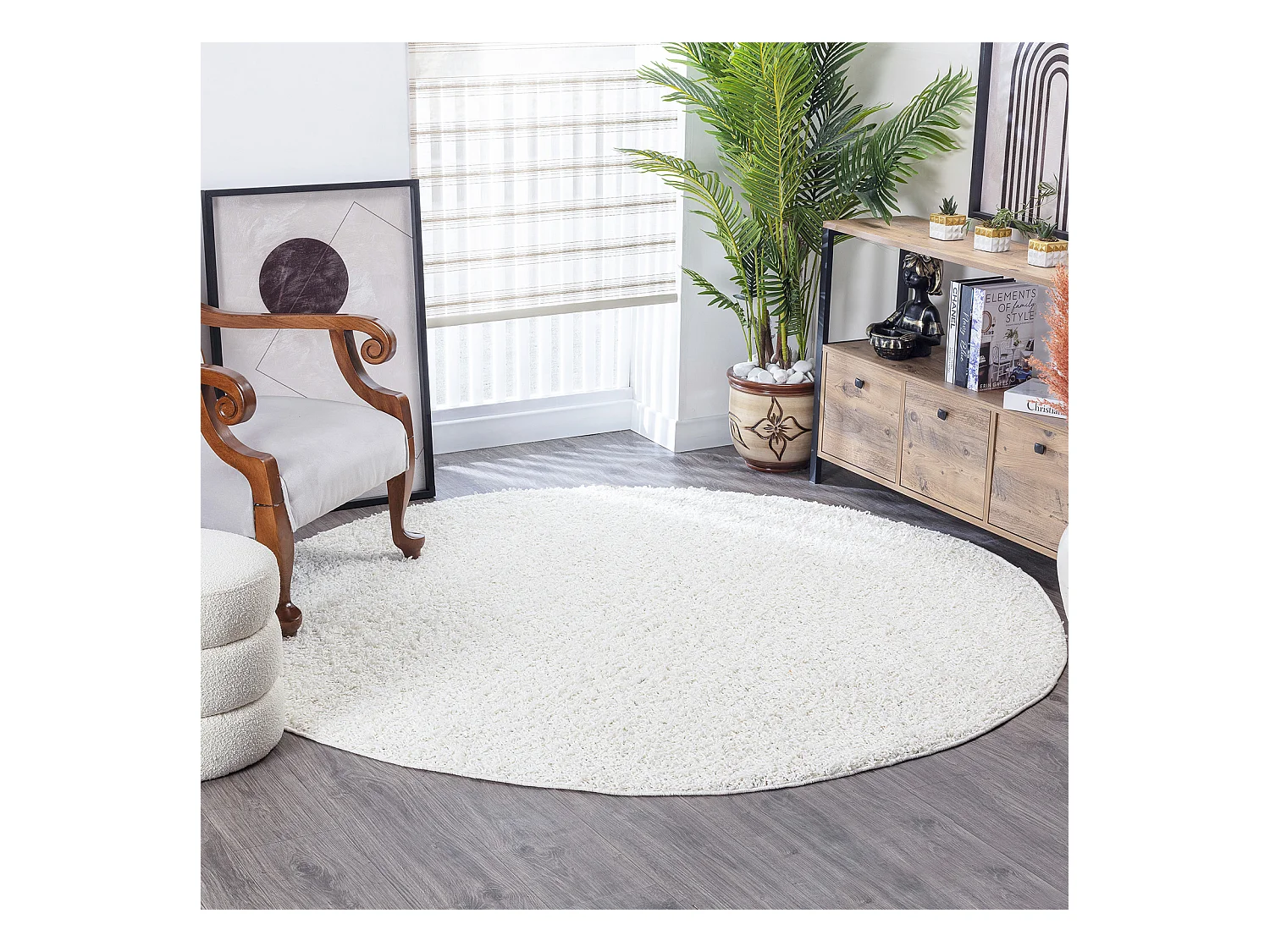 Tapis Rond Shaggy Uni - Blanc - Ø 120cm - LILLY