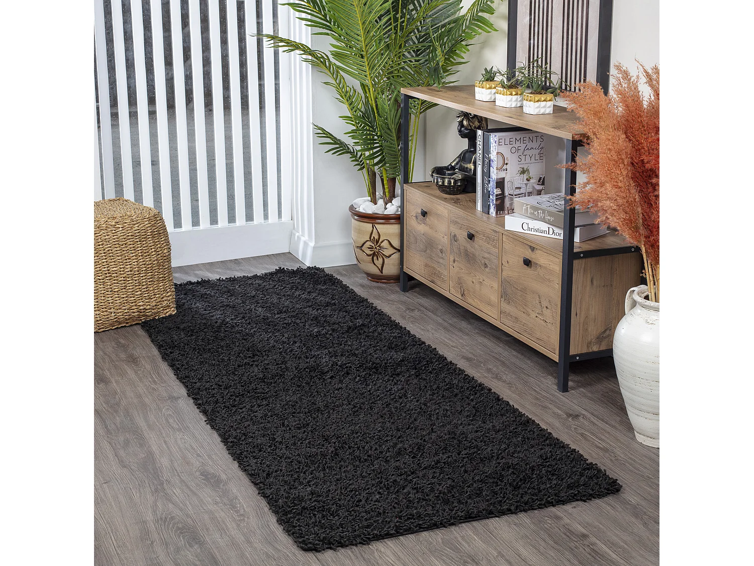 Tapis de Couloir Shaggy Uni - Noir - 80x220cm - LILLY