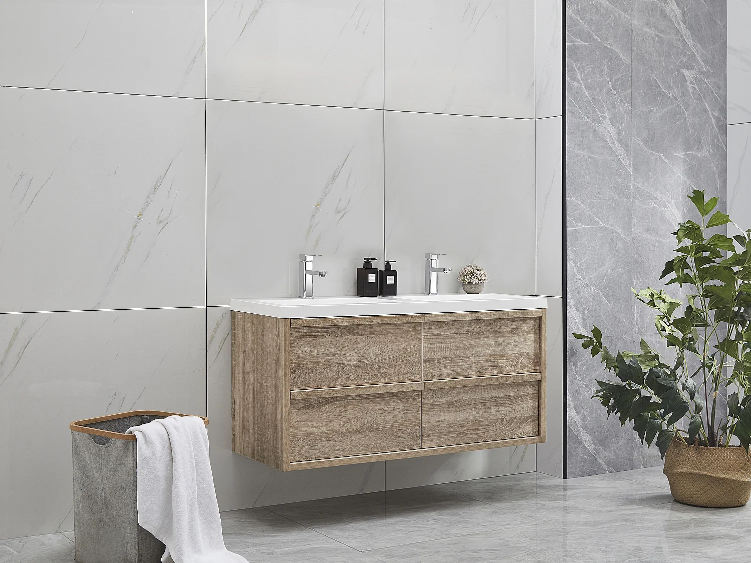 Meuble de salle de bain suspendu avec vasque à encastrer - Coloris naturel clair - 120 cm - QUADRA