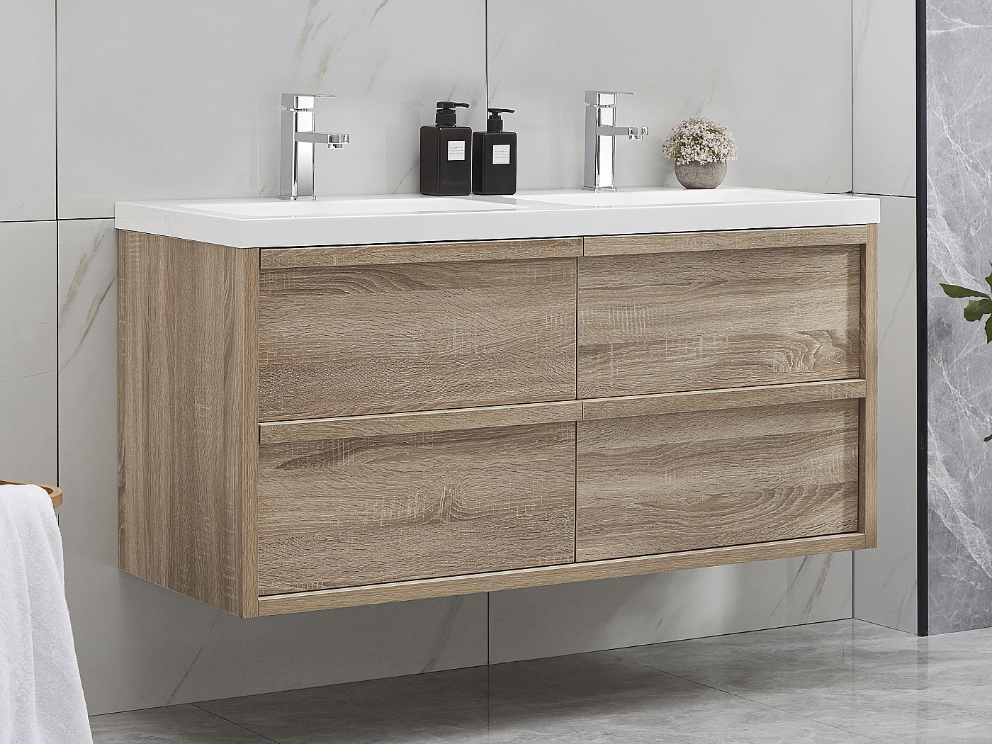 Meuble de salle de bain suspendu avec vasque à encastrer, naturel clair