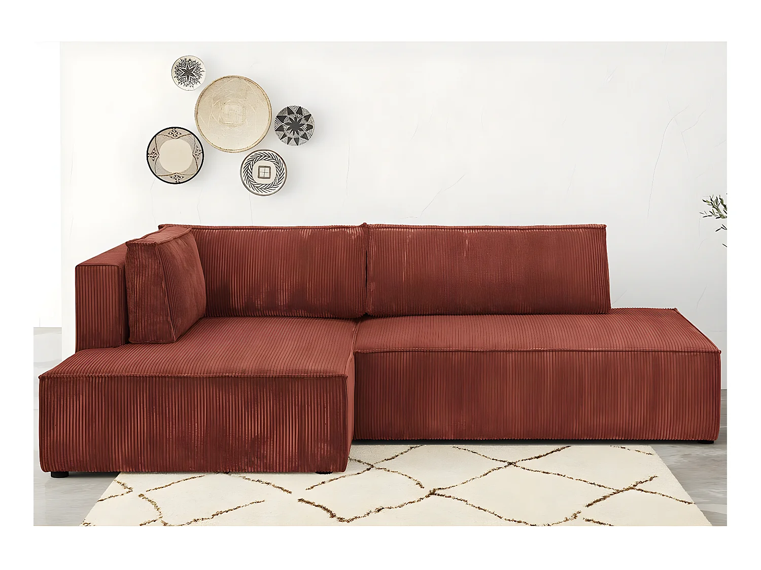 Canapé d'angle à gauche convertible 3 places avec coffre en velours côtelé rouille - Barani