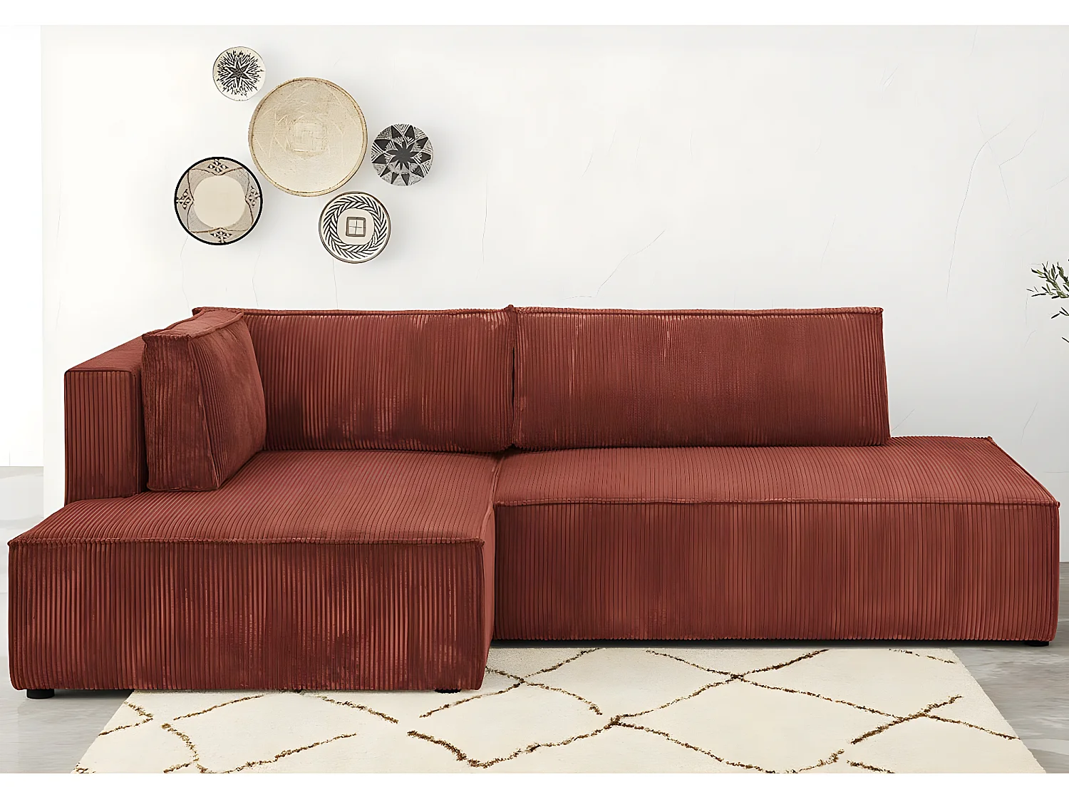 Canapé d'angle à gauche convertible 3 places avec coffre en velours côtelé rouille - Barani