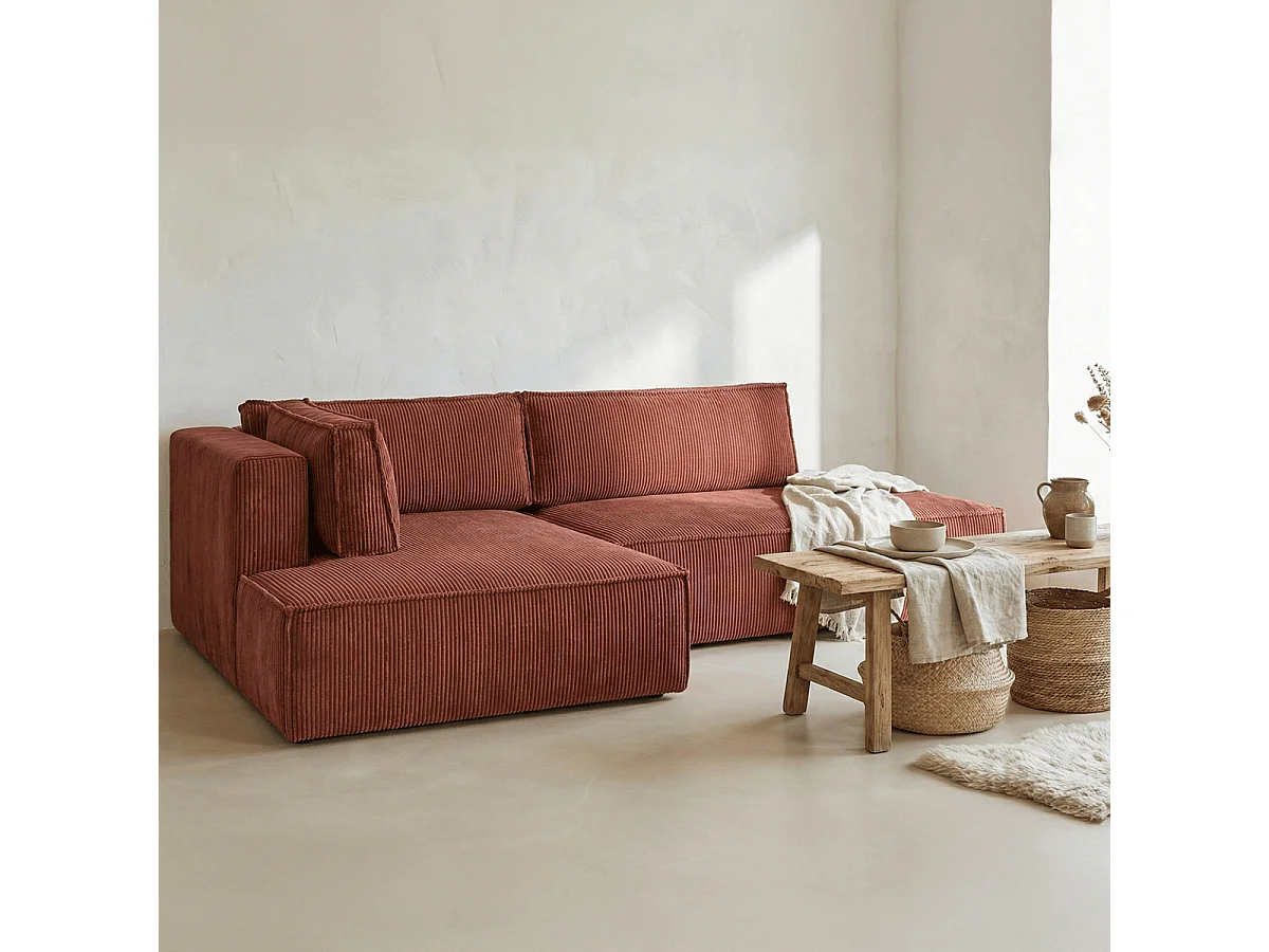 Canapé d'angle à gauche convertible 3 places avec coffre en velours côtelé rouille - Barani