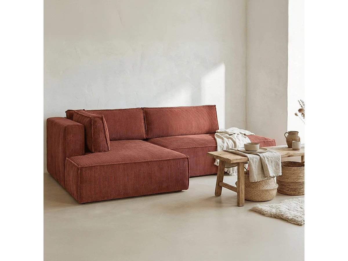 Canapé d'angle à gauche convertible 3 places avec coffre en velours côtelé rouille - Barani