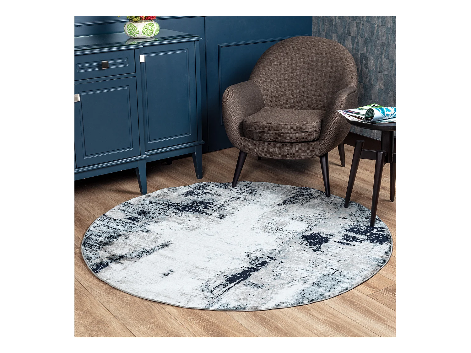 Rond Modern Abstract Tapijt - Blauw/Grijs - Ø 160cm - GIULIA