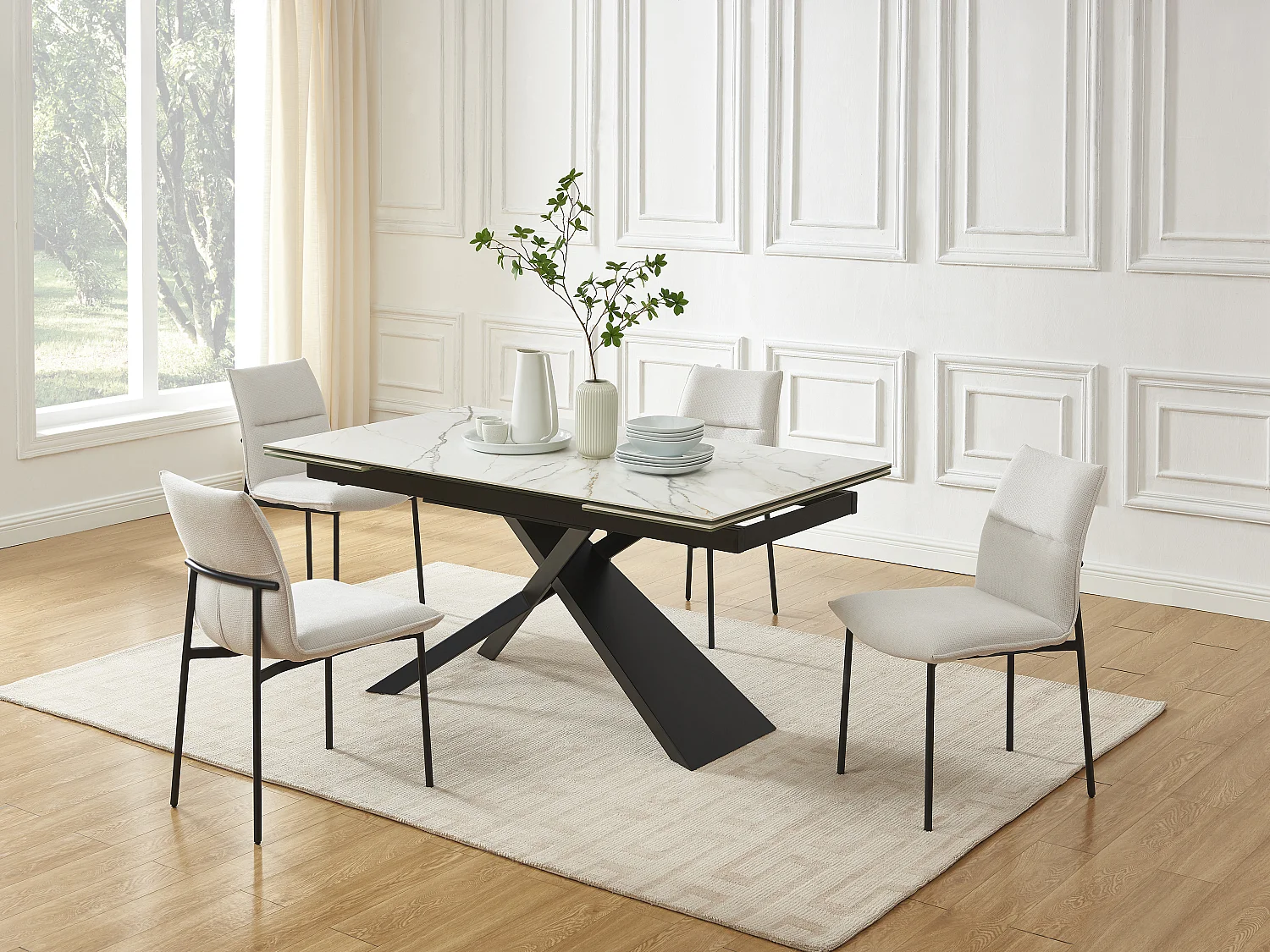 Table à manger extensible 6 à 10 personnes en céramique, verre trempé et métal - Effet marbre blanc et Noir - LUMIEL de Maison Céphy