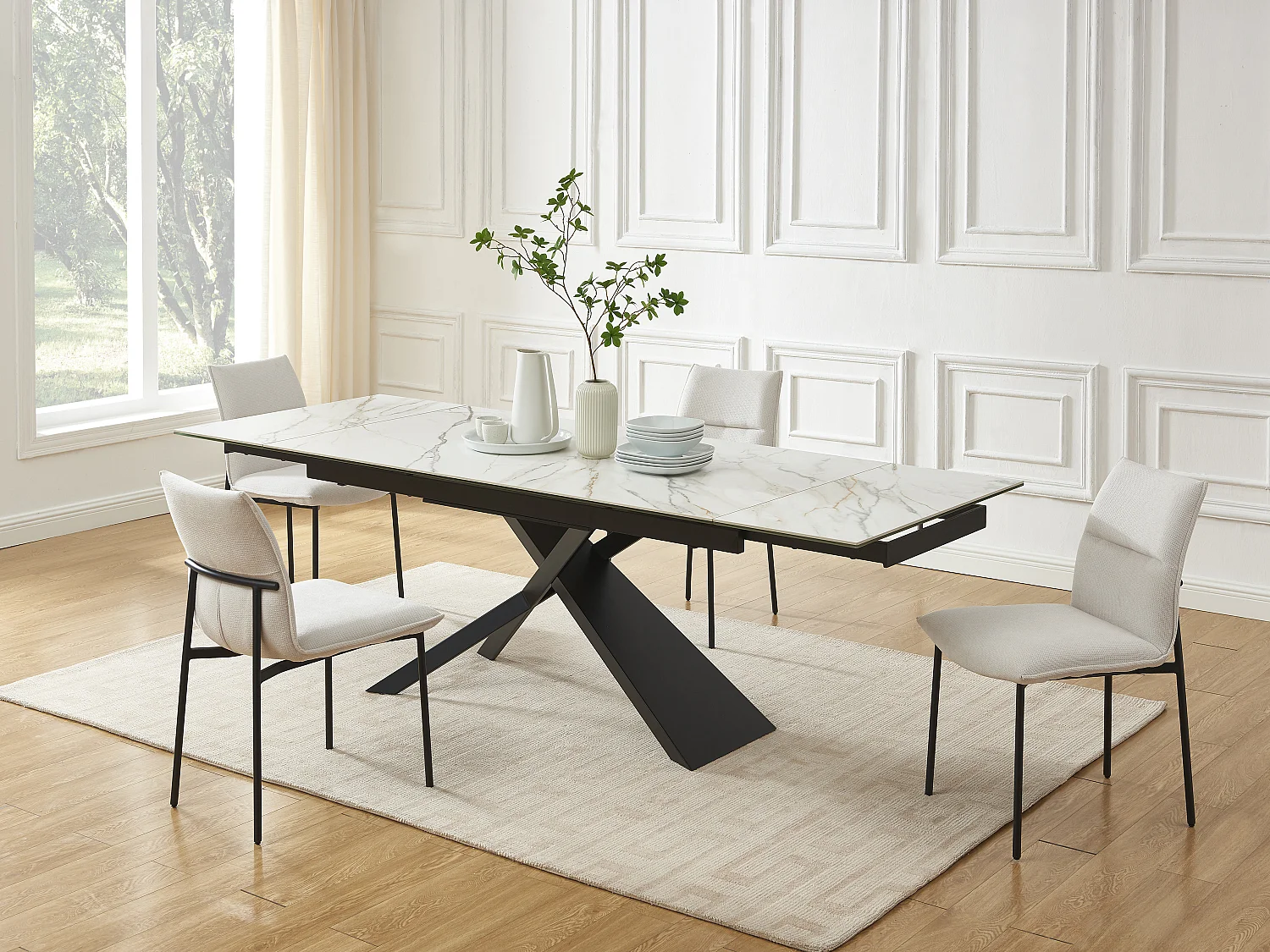 Table à manger extensible 6 à 10 personnes en céramique, verre trempé et métal - Effet marbre blanc et Noir - LUMIEL de Maison Céphy