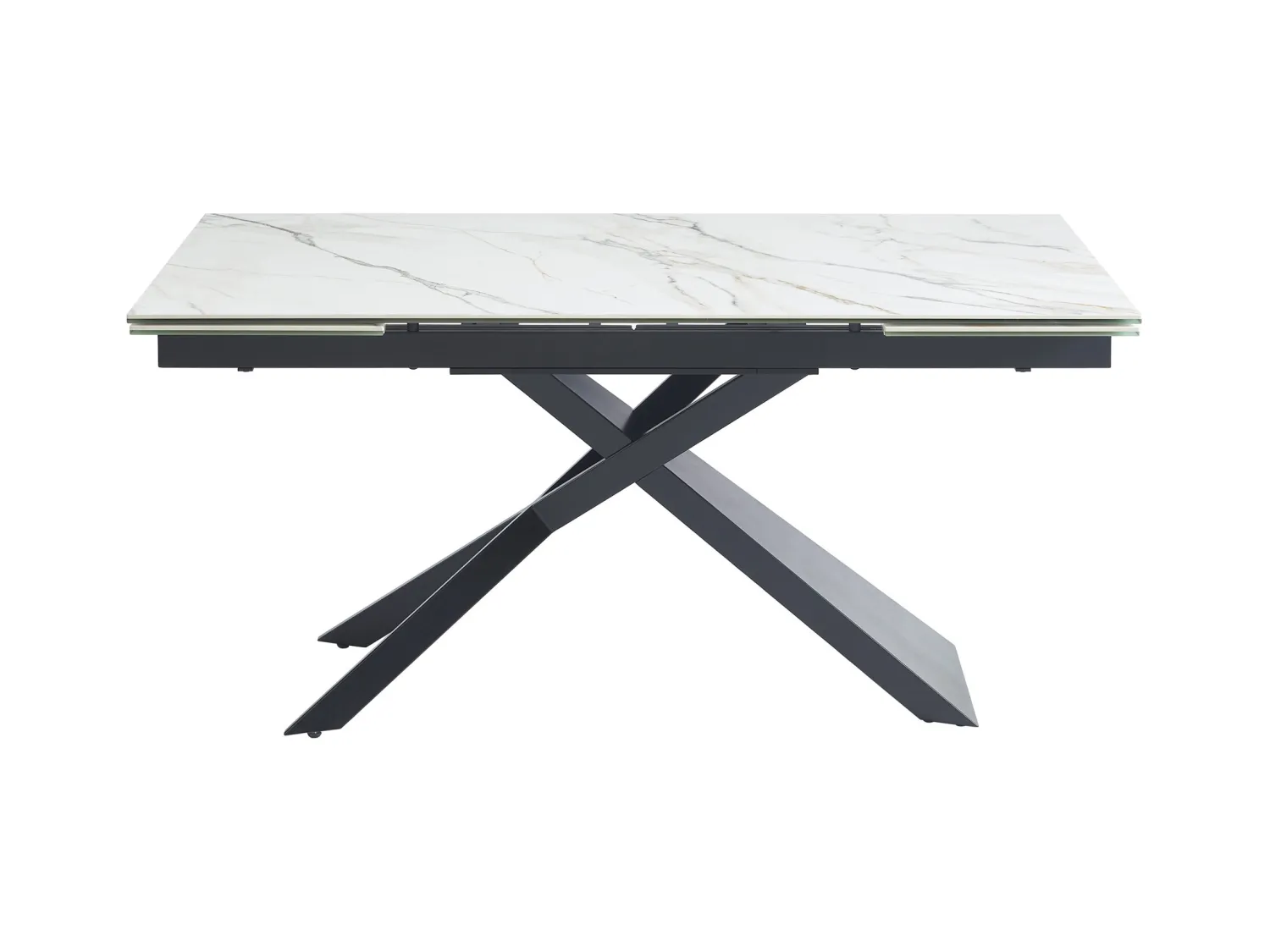 Uitschuifbare eettafel voor 6-10 personen in keramiek, gehard glas en metaal - Witte marmerlook en zwart - LUMIEL