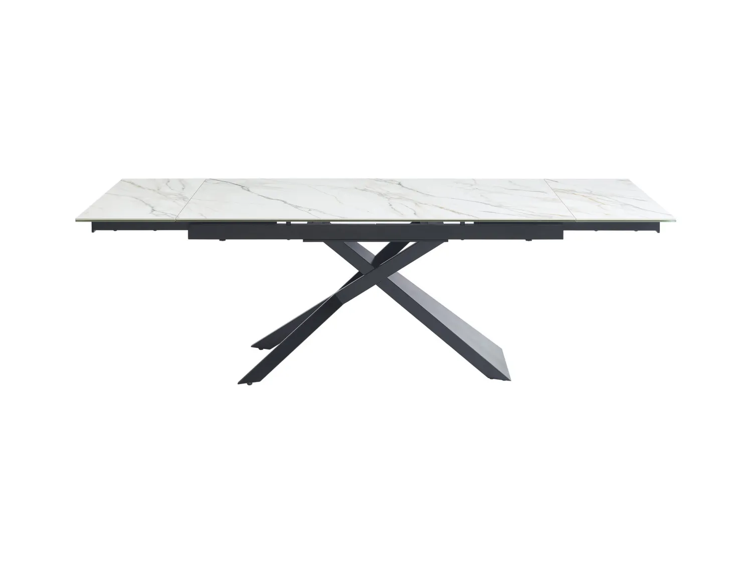 Uitschuifbare eettafel voor 6-10 personen in keramiek, gehard glas en metaal - Witte marmerlook en zwart - LUMIEL