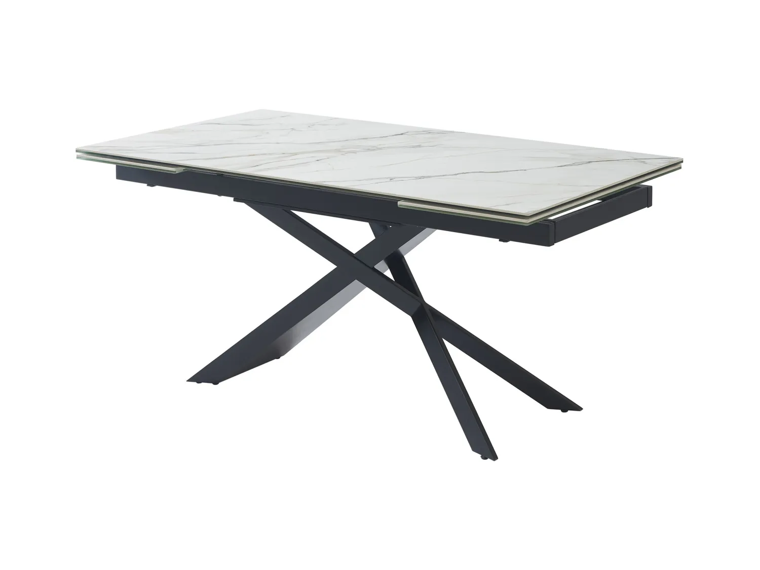 Uitschuifbare eettafel voor 6-10 personen in keramiek, gehard glas en metaal - Witte marmerlook en zwart - LUMIEL