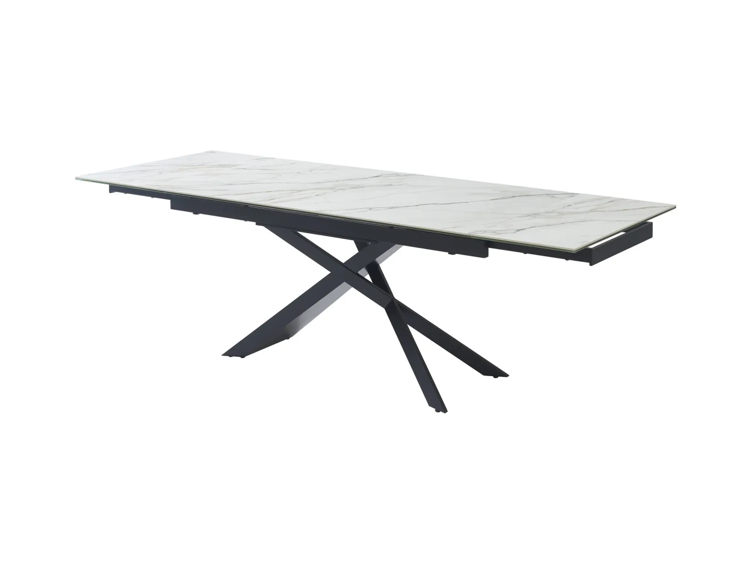 Uitschuifbare eettafel voor 6-10 personen in keramiek, gehard glas en metaal - Witte marmerlook en zwart - LUMIEL