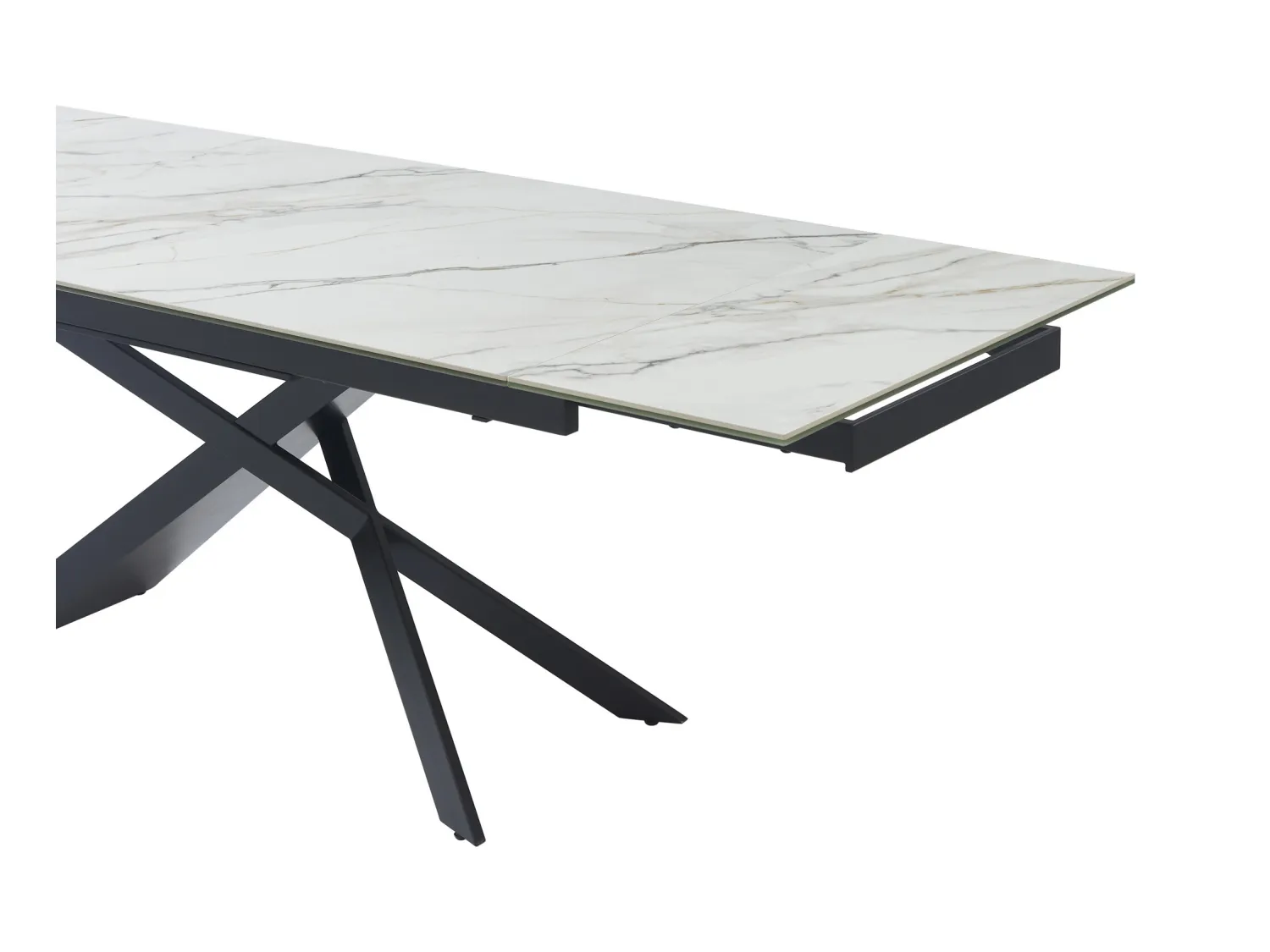 Uitschuifbare eettafel voor 6-10 personen in keramiek, gehard glas en metaal - Witte marmerlook en zwart - LUMIEL