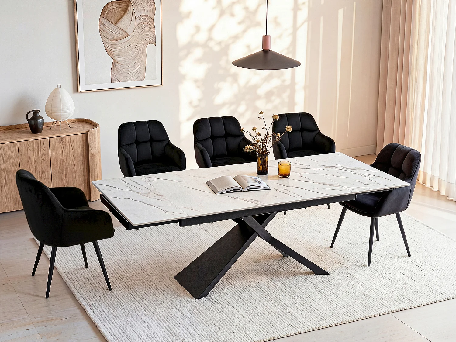 Table à manger extensible 6 à 10 personnes en céramique, verre trempé et métal - Effet marbre blanc et Noir - LUMIEL de Maison Céphy