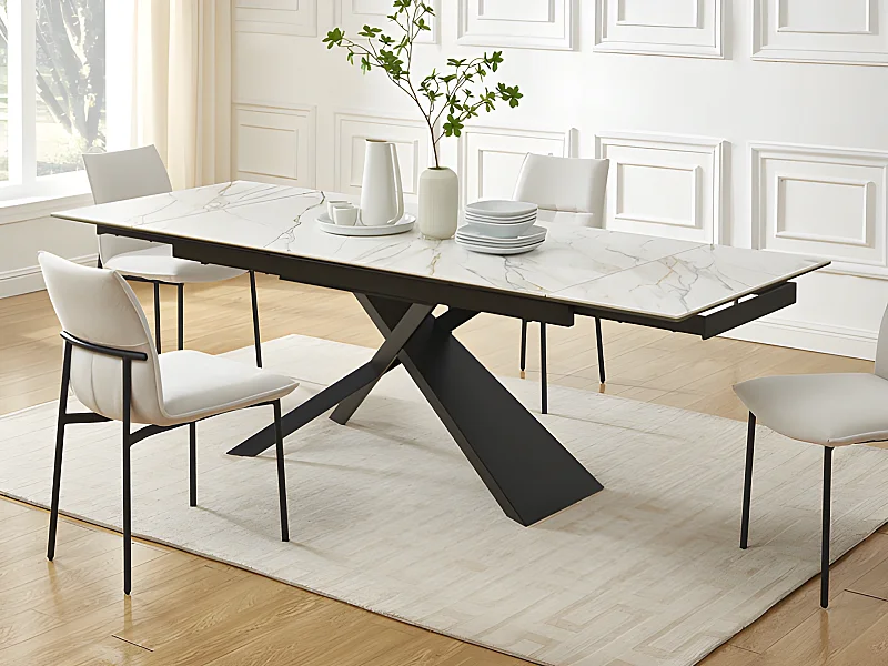 Mesa de jantar extensível de 6 a 10 lugares em cerâmica, vidro temperado e metal efeito mármore branco e preto - LUMIEL