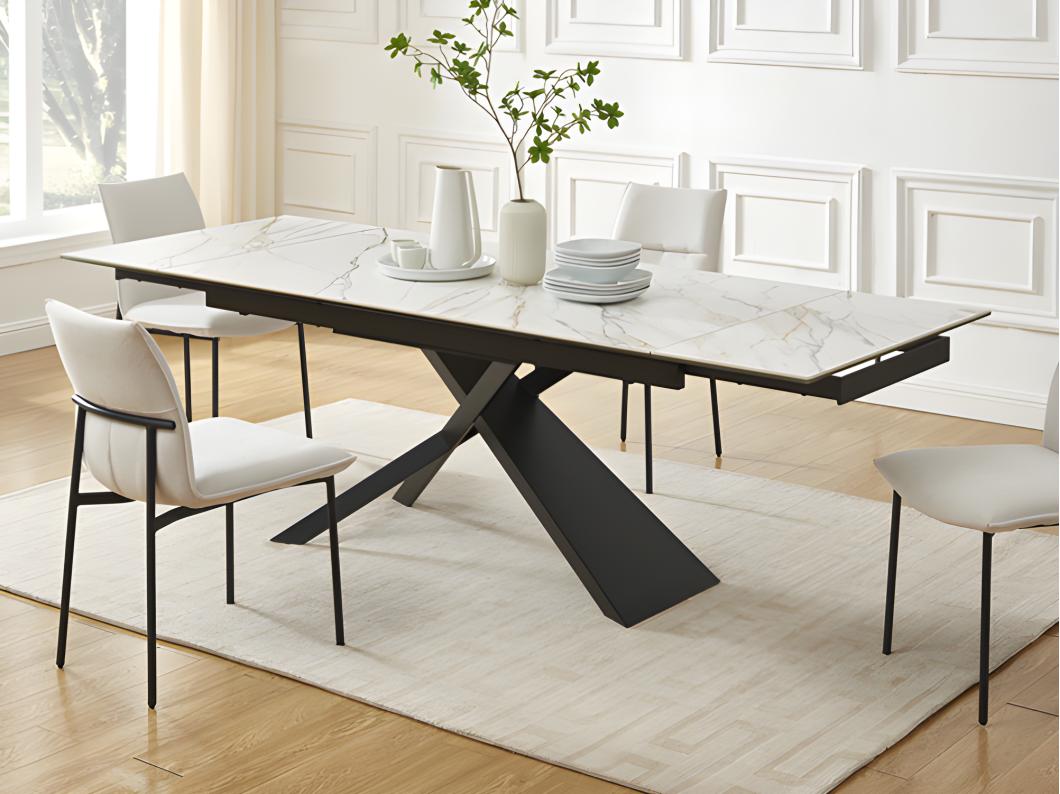 Esstisch ausziehbar - 6 bis 10 Personen - Keramik , Sicherheitsglas & Metall - Marmor-Optik Weiß & Schwarz - LUMIEL