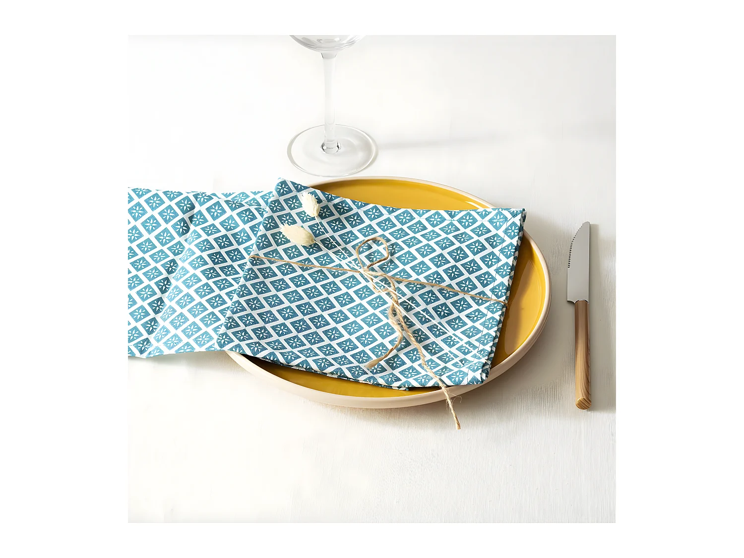 Lot de 4 Serviettes de table en Coton Bleu imprimé Tikal 40 x 40 cm