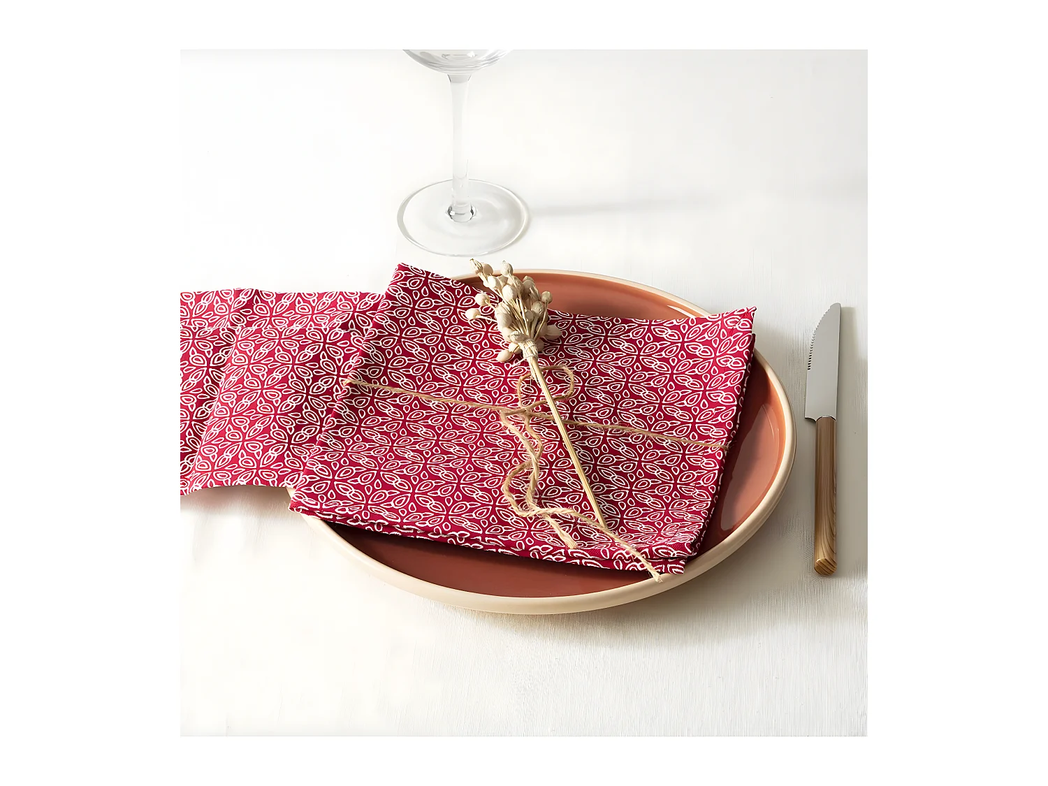 Lot de 4 Serviettes de table en Coton Rouge imprimé Olia 40 x 40 cm