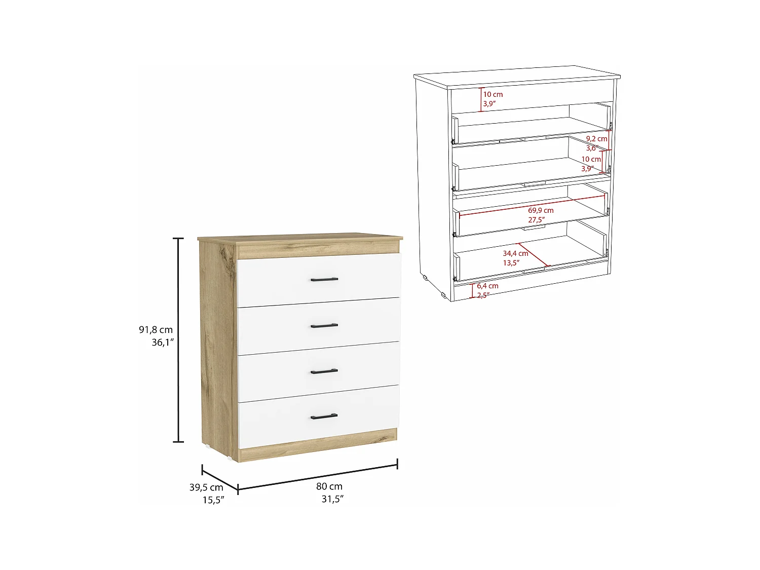 Cassettiera Eter a 4 cassetti, con maniglie in metallo 92 CM L X 80 CM P X 40 CM L X 40 CM Duna / Bianco