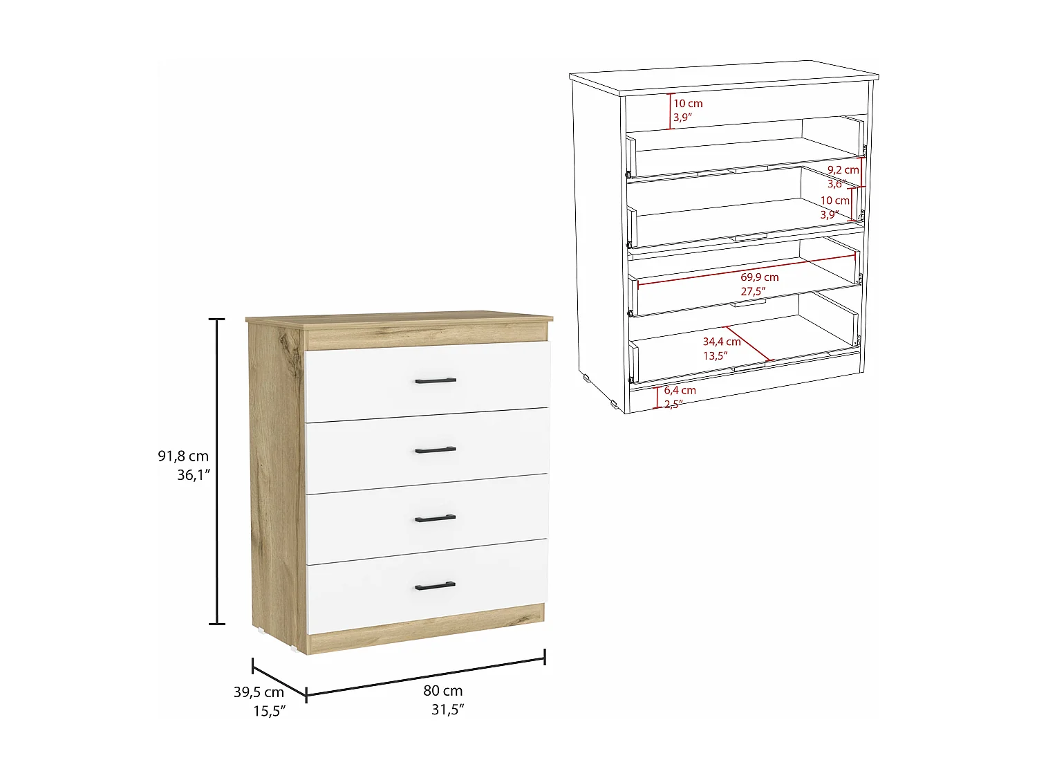 Cassettiera Eter a 4 cassetti, con maniglie in metallo 92 CM L X 80 CM P X 40 CM L X 40 CM Duna / Bianco