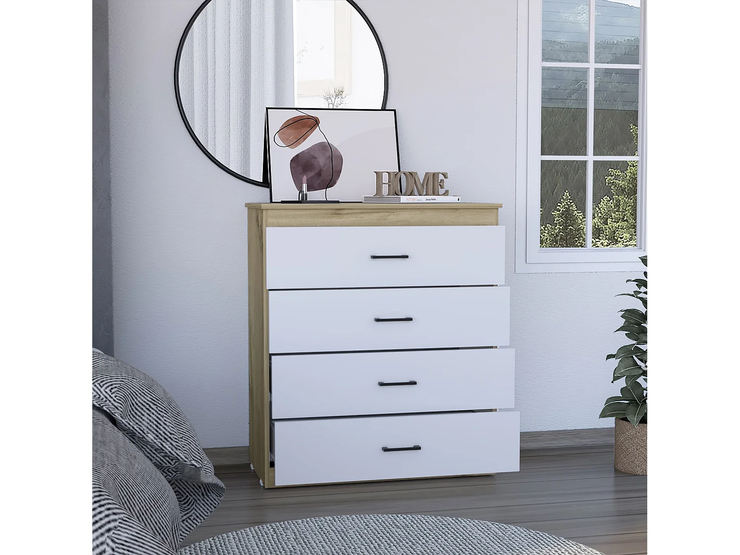TUHOME CONCEPT Cómoda Eter de 80 cm, blanco y roble arena