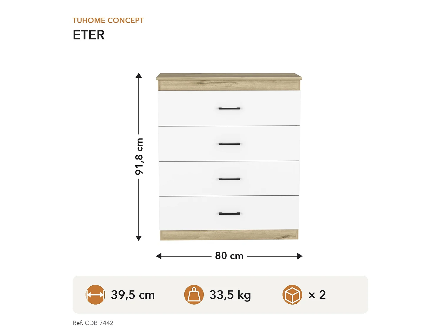 TUHOME CONCEPT Cómoda Eter de 80 cm, blanco y roble arena