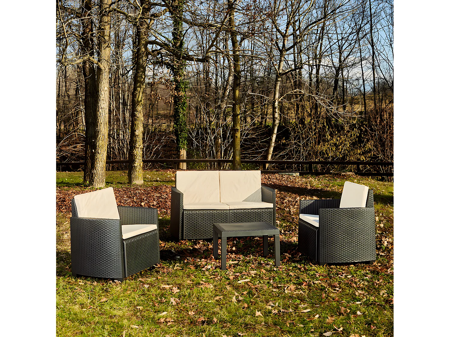 Ensemble de jardin Table carrée et 3 fauteuils avec coussins Arena Anthracite Progarden