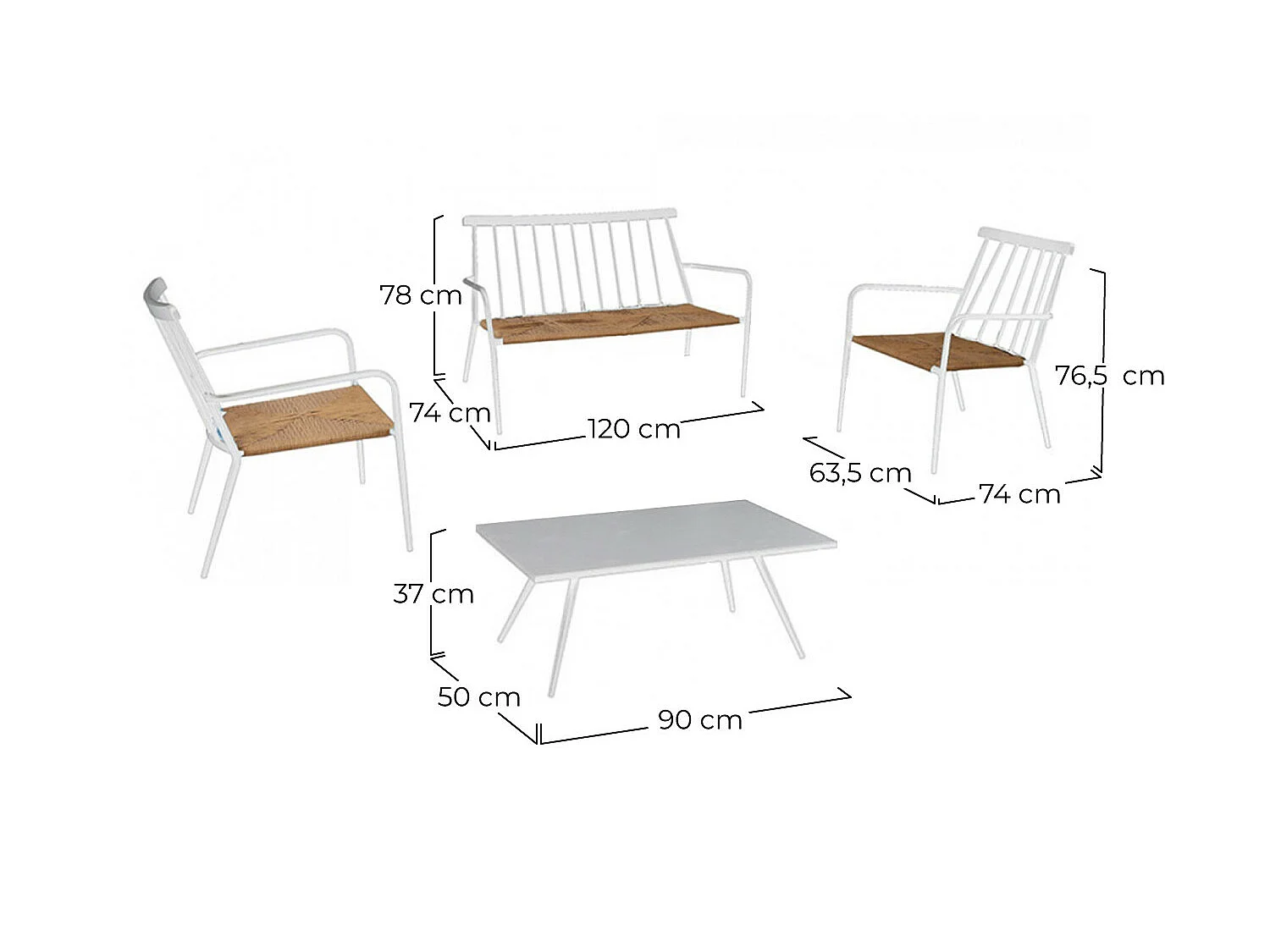 Ensemble de jardin Table rectangulaire, 1 canapé et 2 chaises Bali Blanc 7house