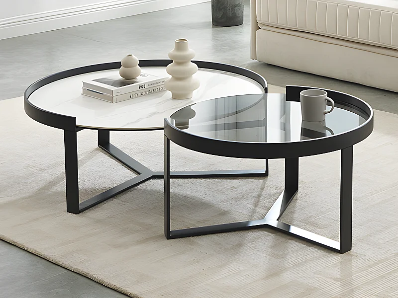 Tavolino a scomparsa in Vetro temperato fumé, Ceramica e Metallo Effetto marmo Bianco e Nero - ZERILA