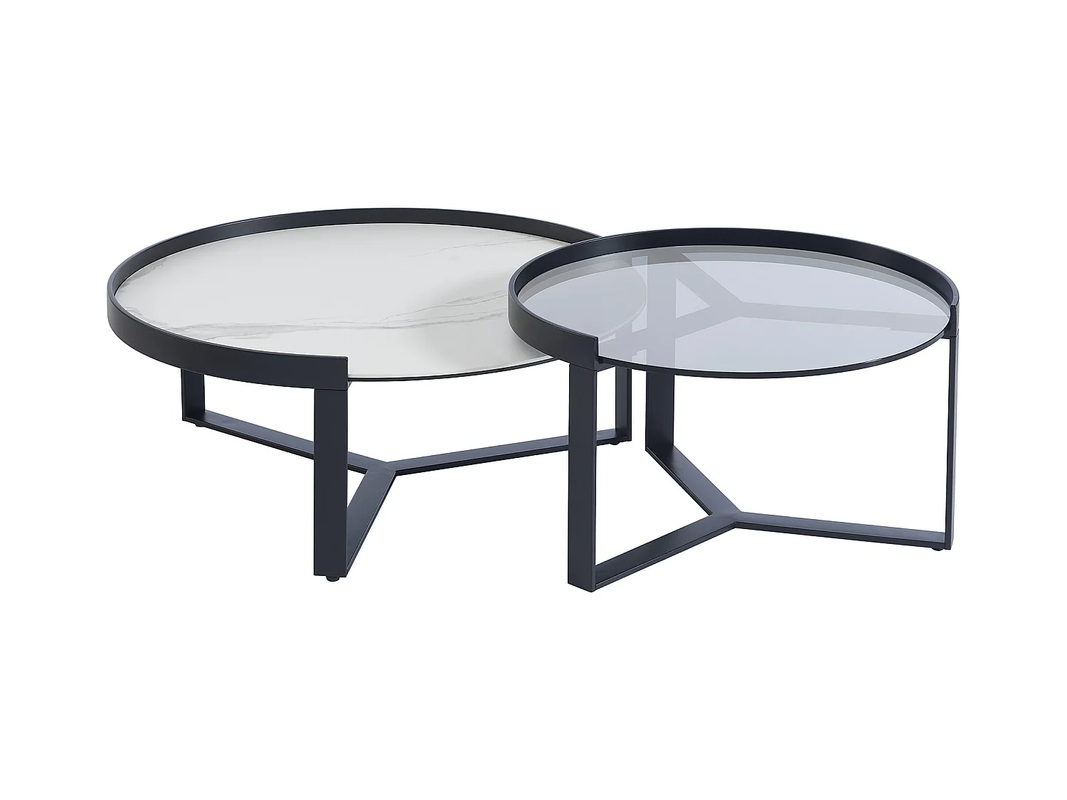 Mesas de centro apilables de vidrio templado ahumado, cerámica y metal - Efecto mármol blanco y negro - ZERILA